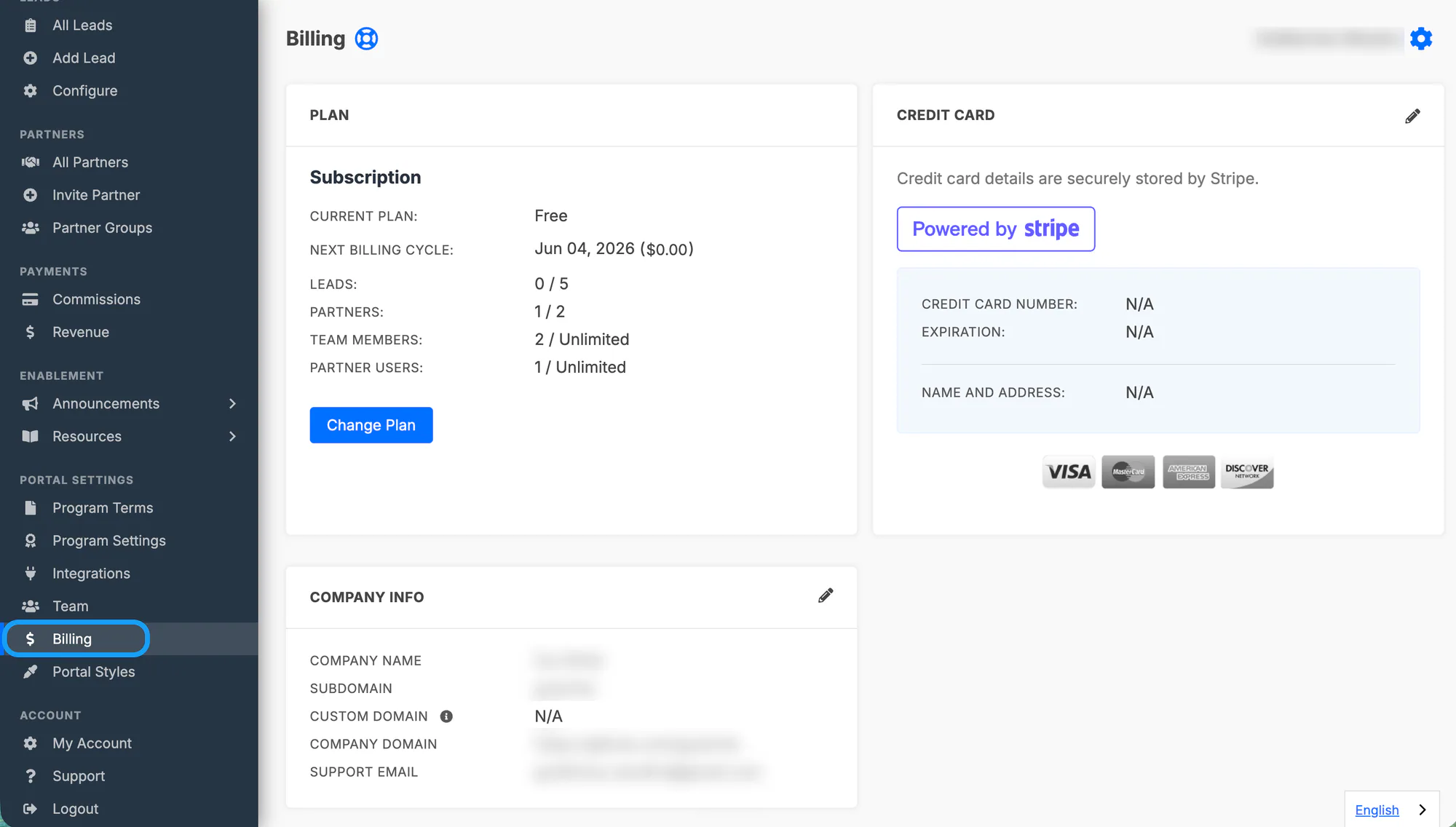 The Billing page showing subscription information and usage details.
