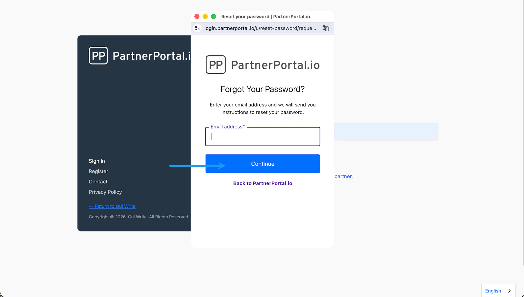 The Continue button used to request the password reset email.