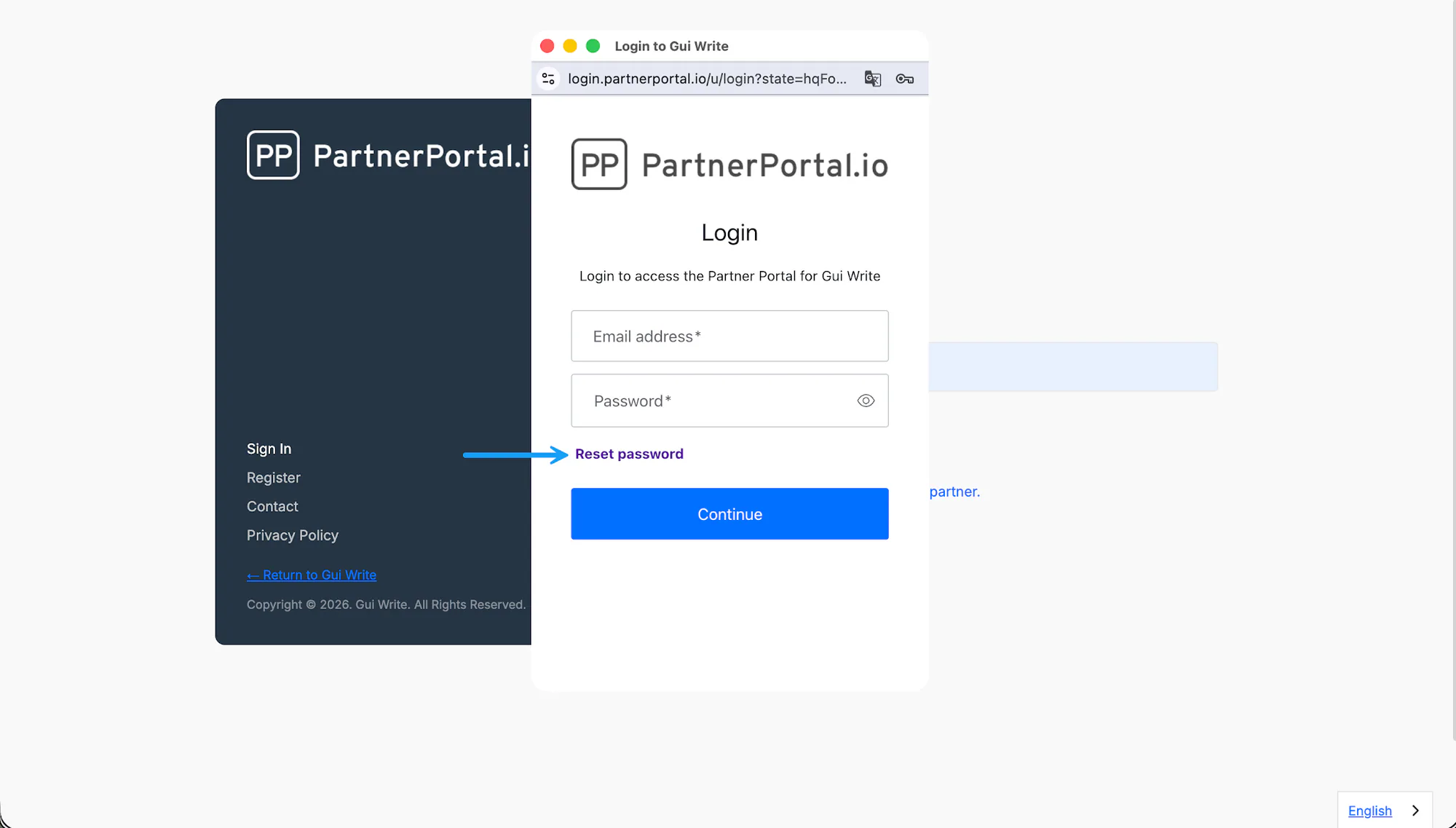 The popup window with the Reset Password option.