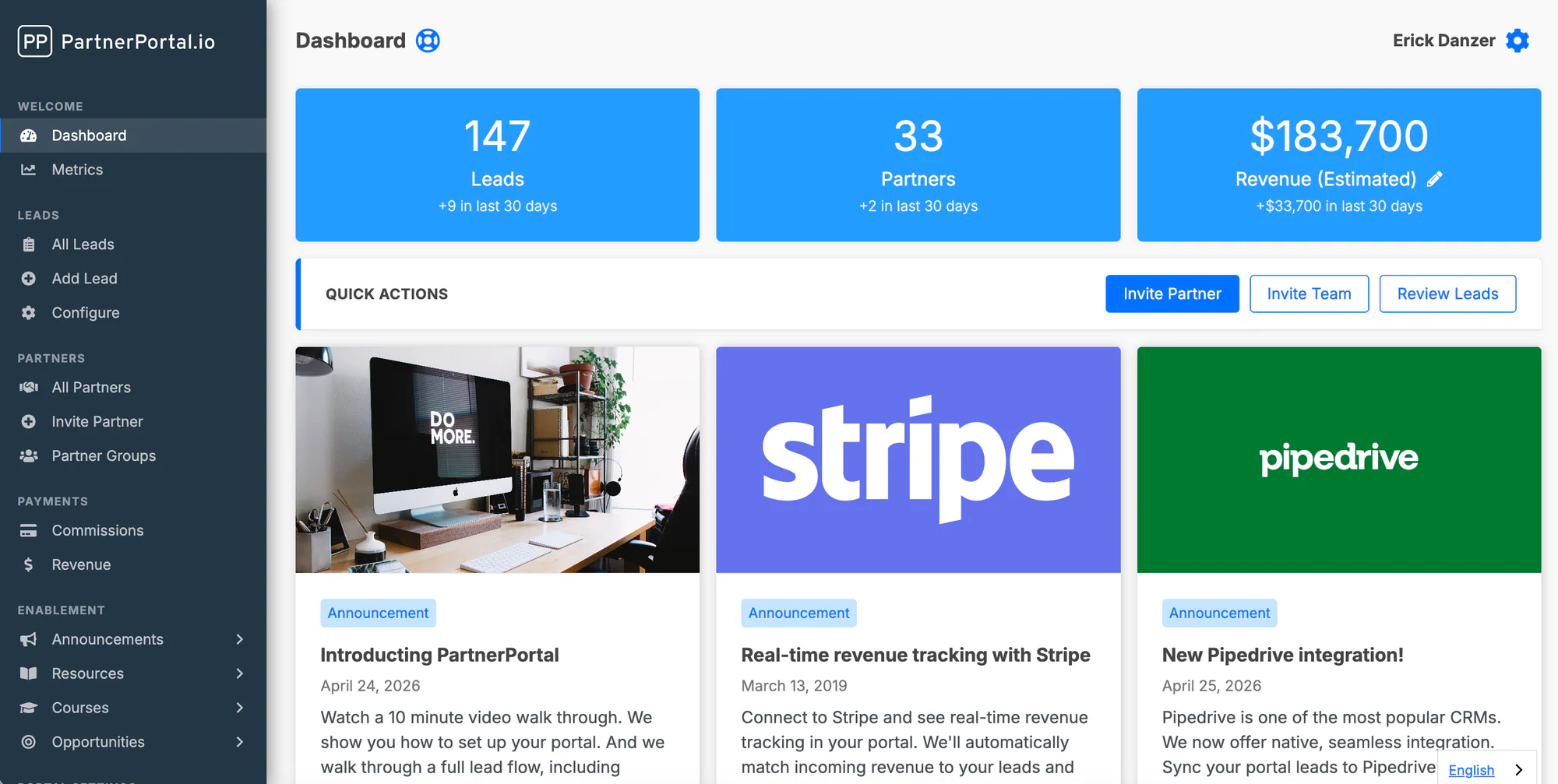 The dashboard showing pinned announcement cards with featured images