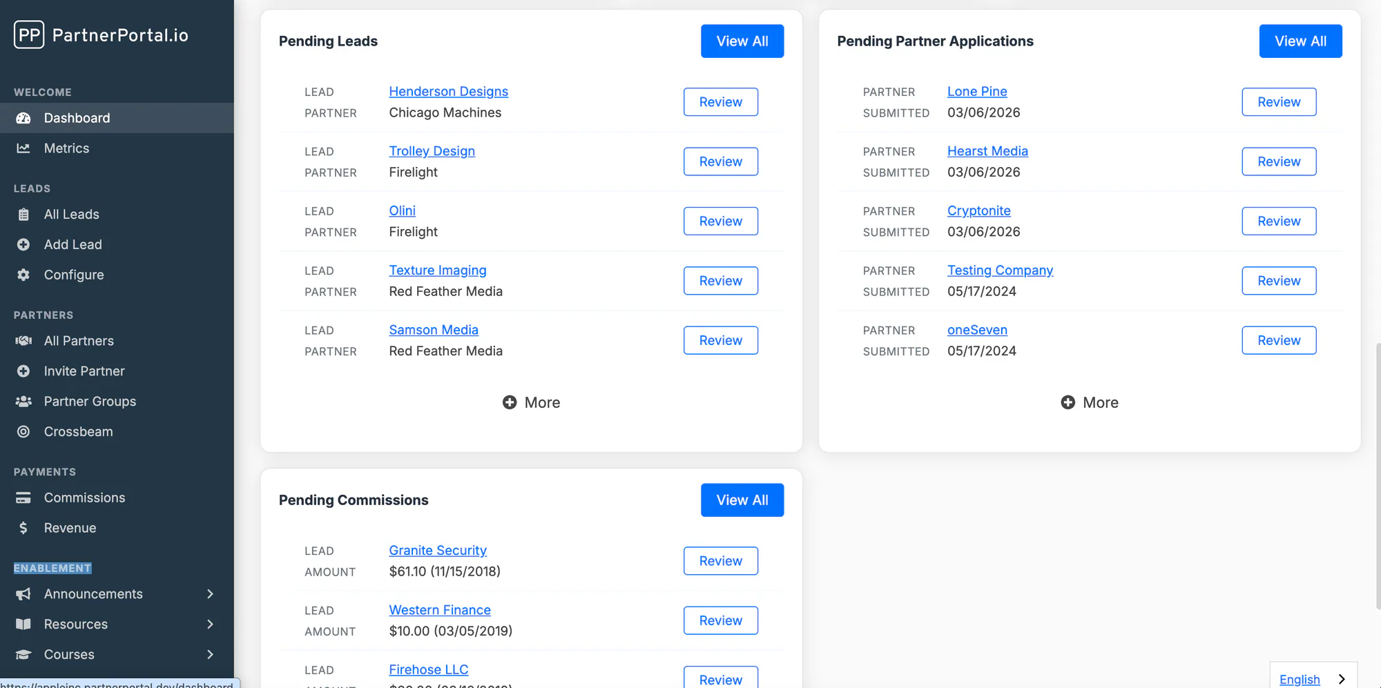 The dashboard showing pending leads, partner applications, and commissions awaiting review