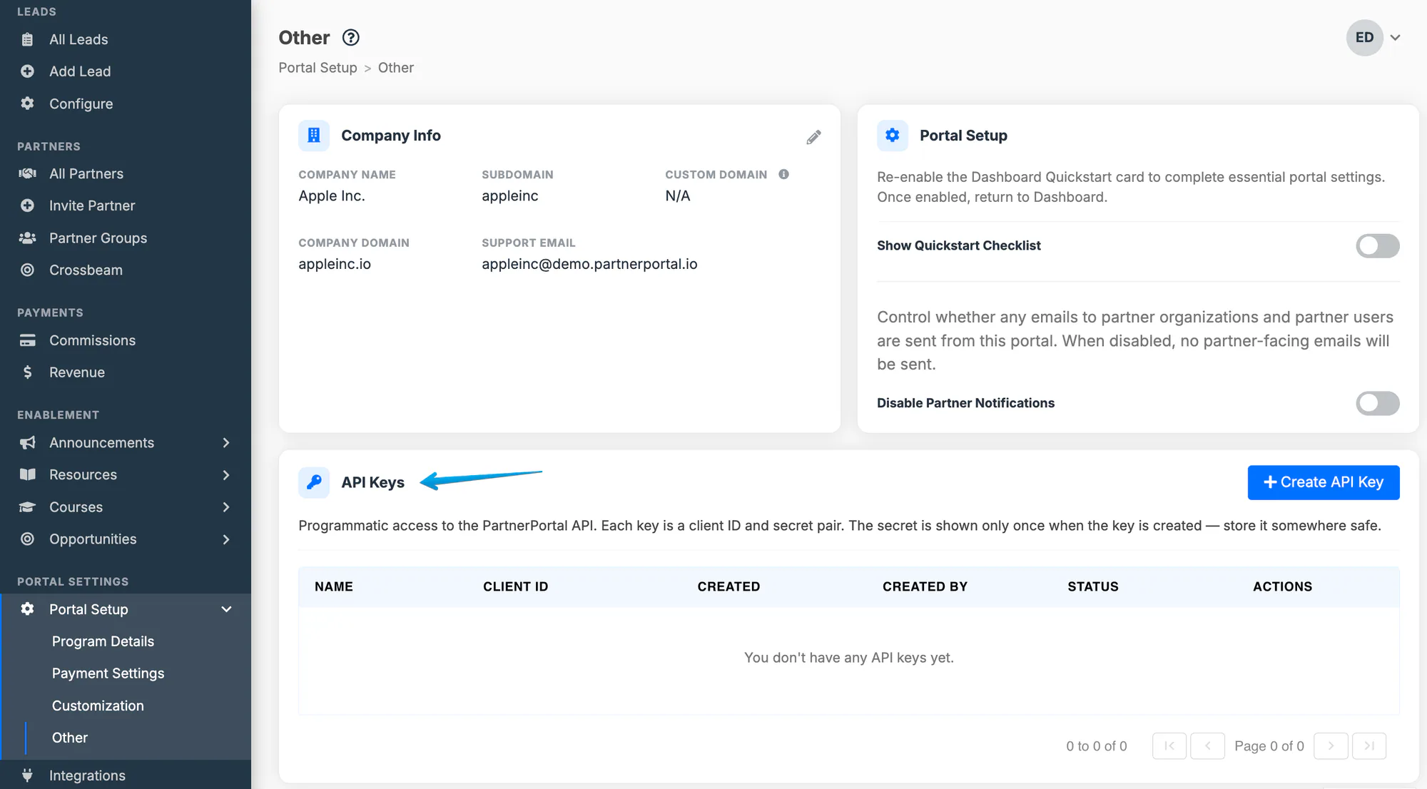 The Developer / API Keys section in Portal Setup where portal admins can create and manage PartnerPortal API keys.