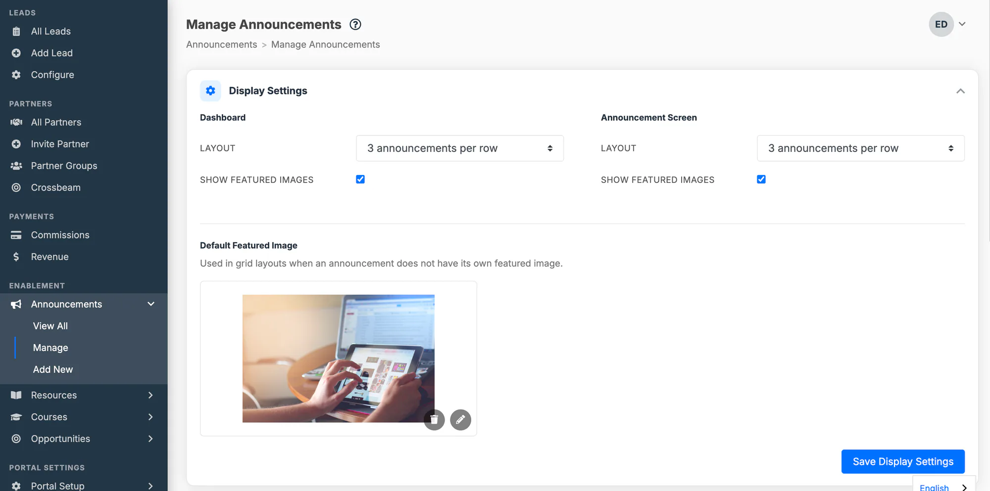 Announcement display settings for the dashboard and announcements page