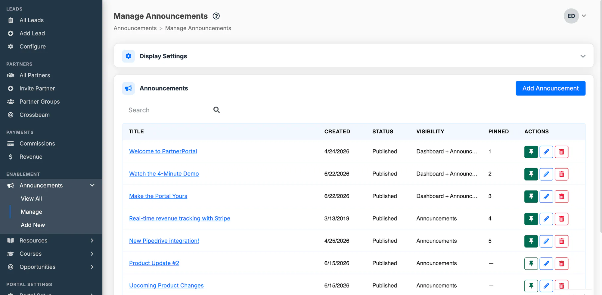 The Manage Announcements screen with the announcements table and display settings
