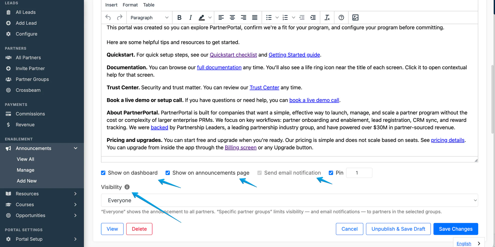 The announcement visibility options with everyone and specific partner groups