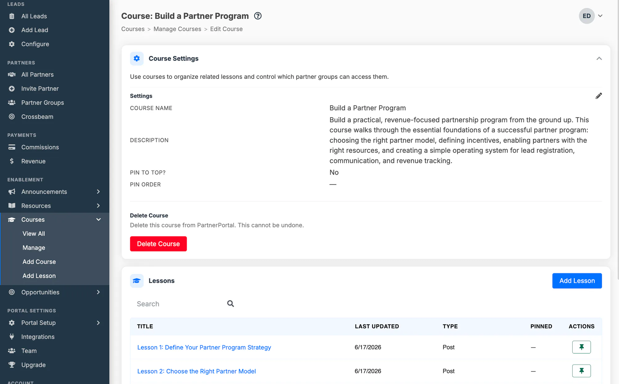 The course edit screen with name, description, lessons, and partner groups