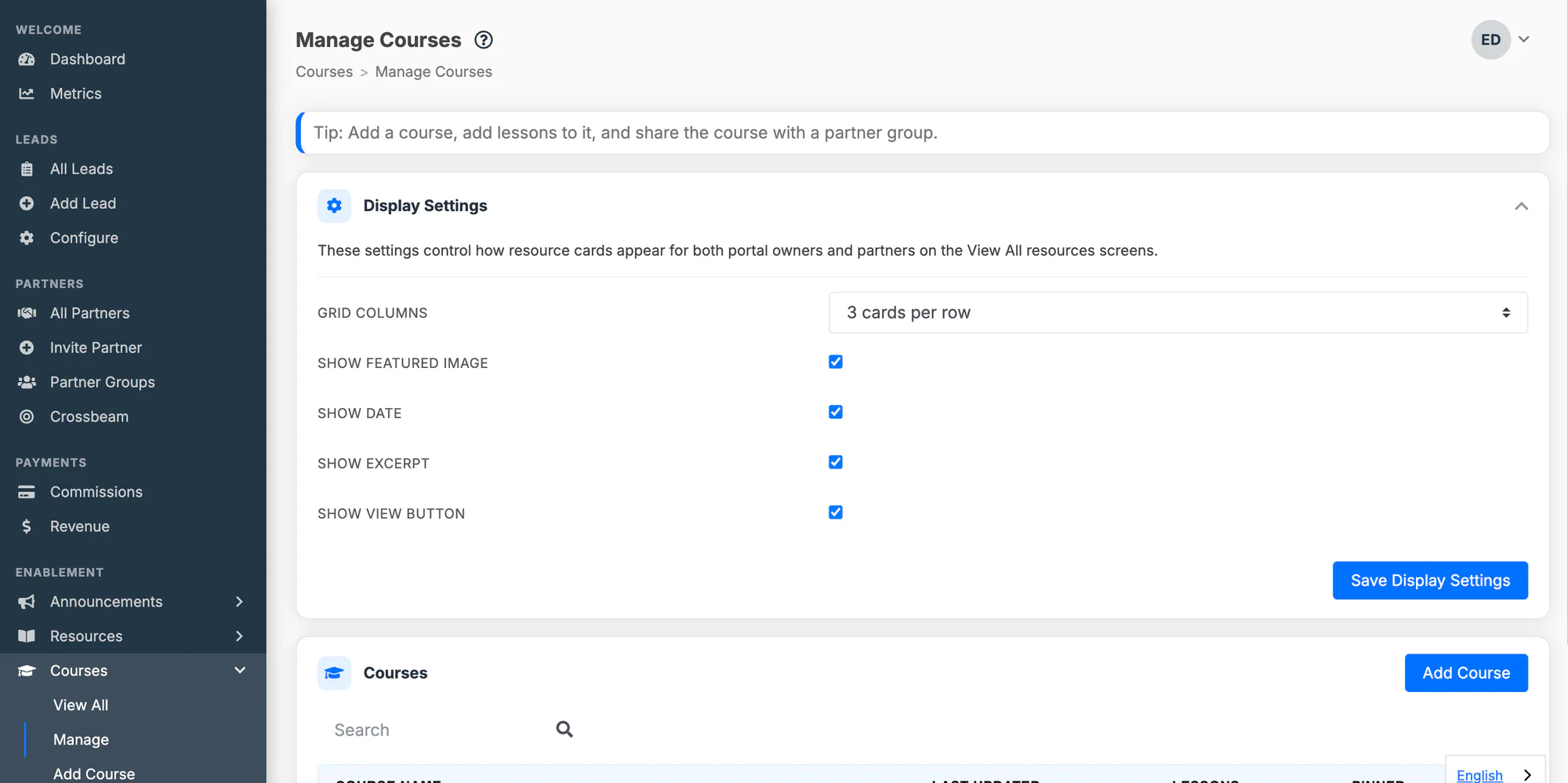 Course and lesson card display settings on the Manage screen