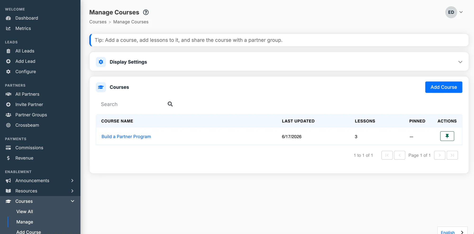 The Manage Courses screen listing courses