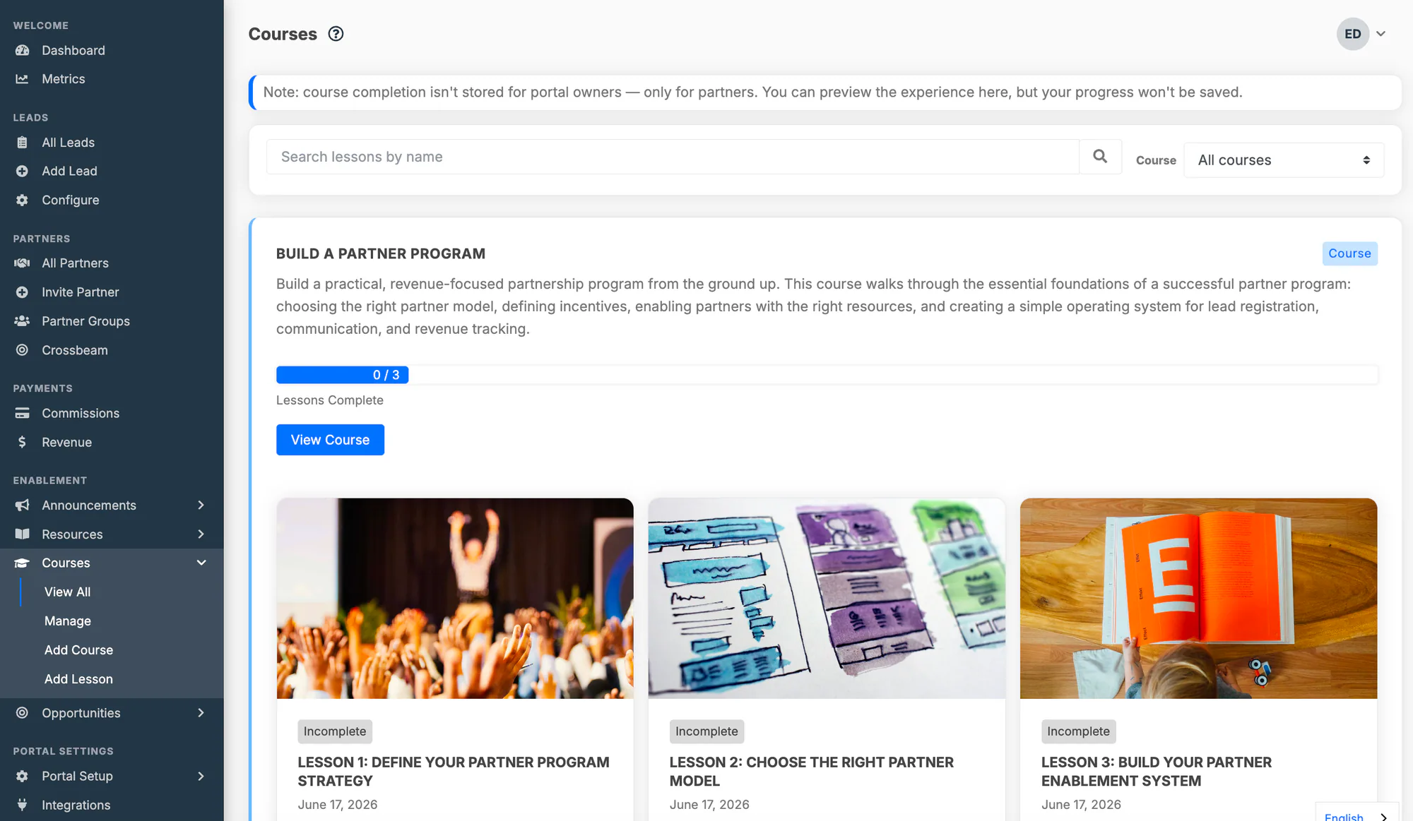 The partner-facing Courses page showing a course, its lessons, and a progress bar