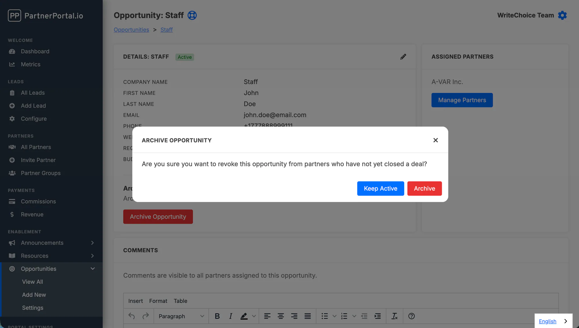 The archive confirmation dialog for an opportunity
