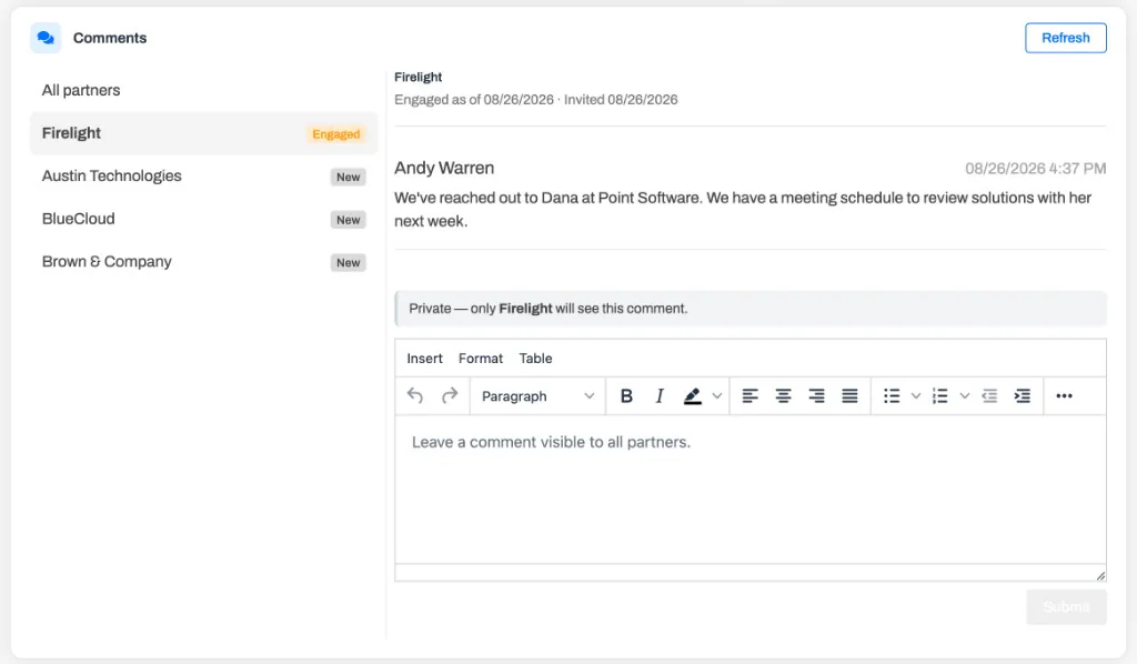 The Comments card on an opportunity, with the partner list and status on the left and the selected private conversation on the right