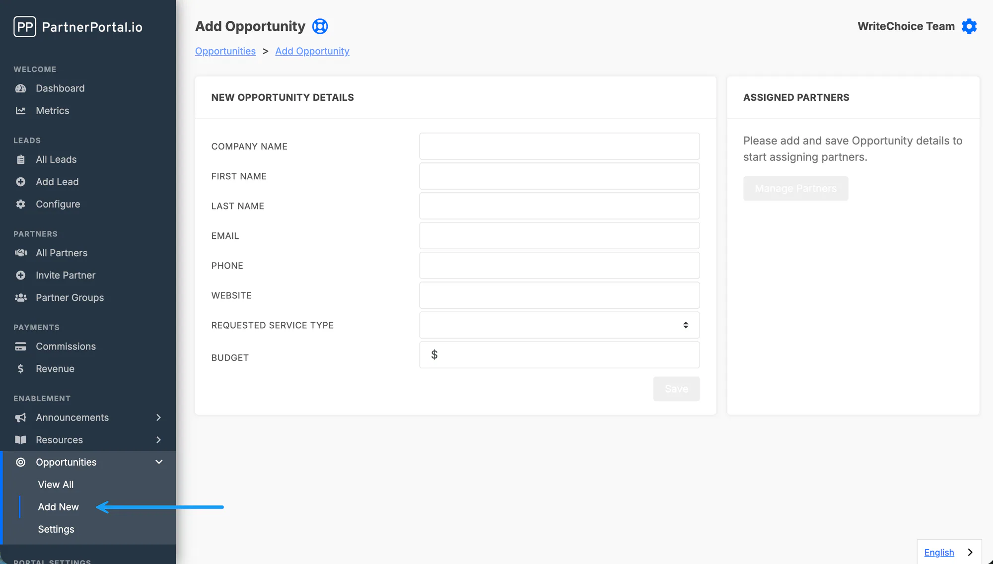 The Add Opportunity form with contact, service type, and budget fields