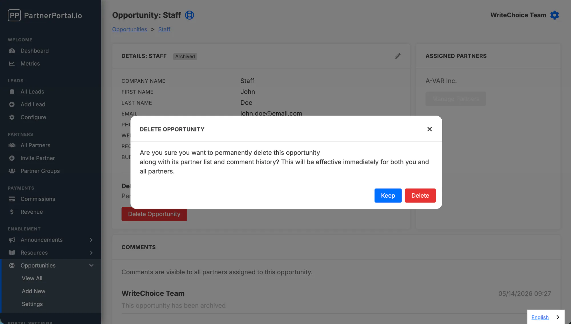 The delete confirmation dialog for an archived opportunity