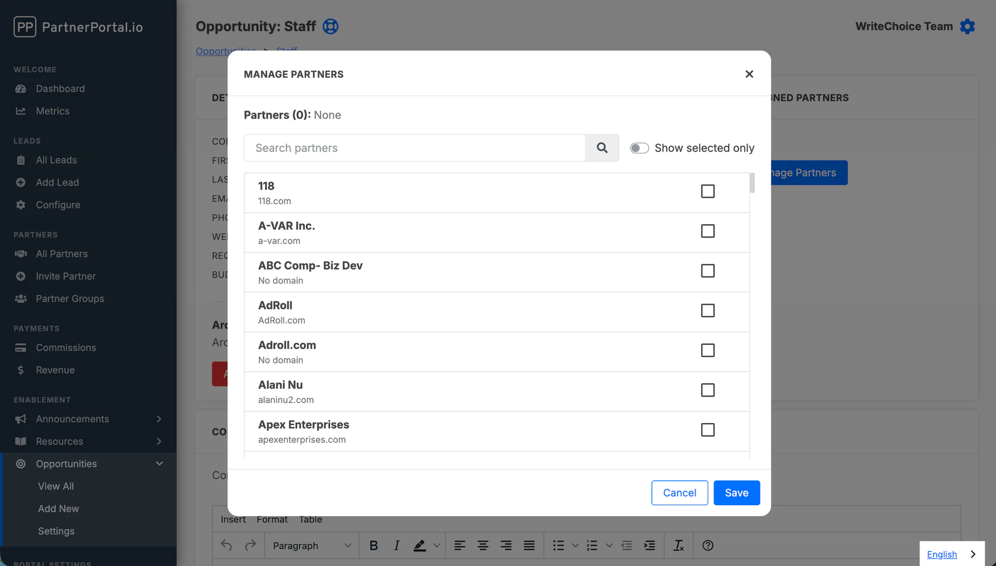 The Manage Partners window for selecting which partners receive the opportunity
