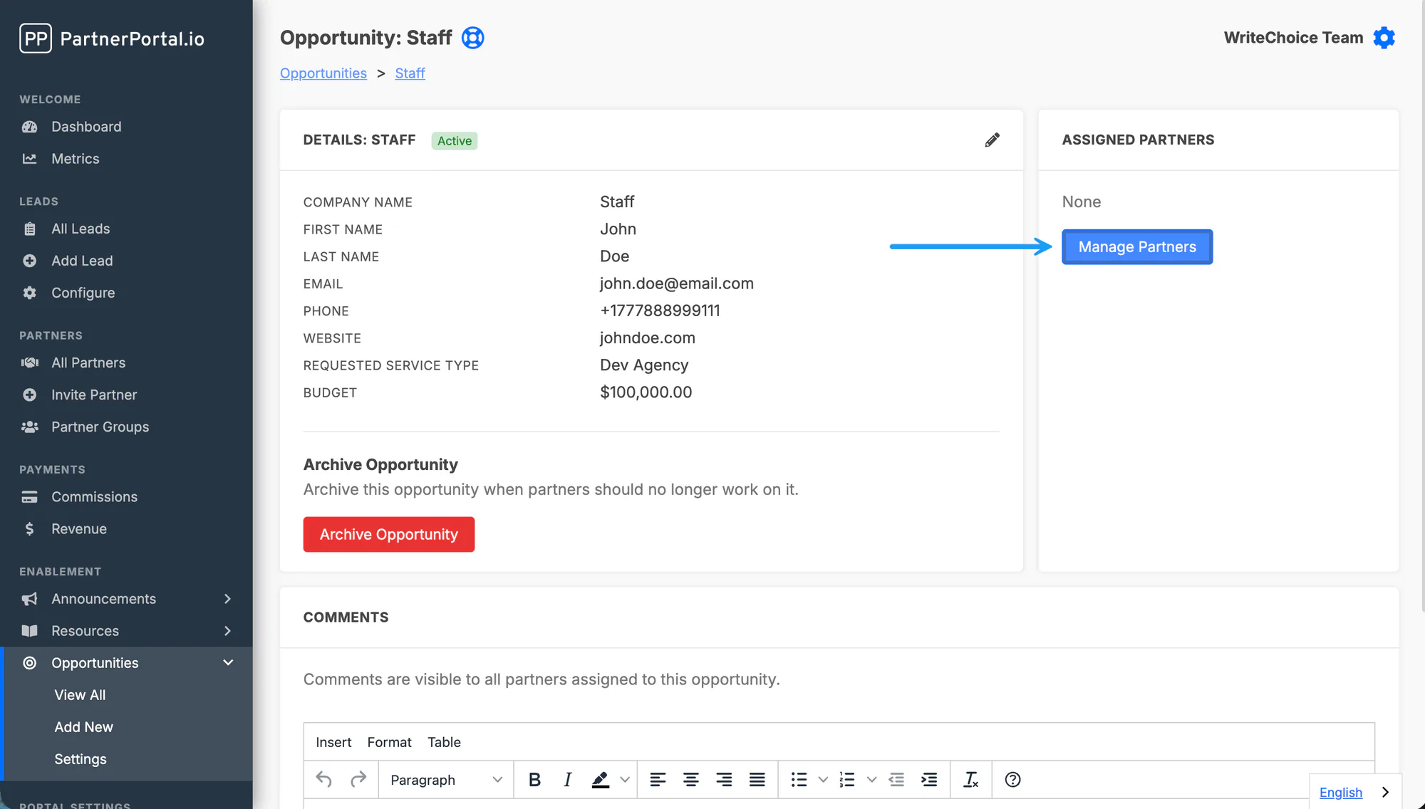 An opportunity detail page showing assigned partners, comments, and the archive control