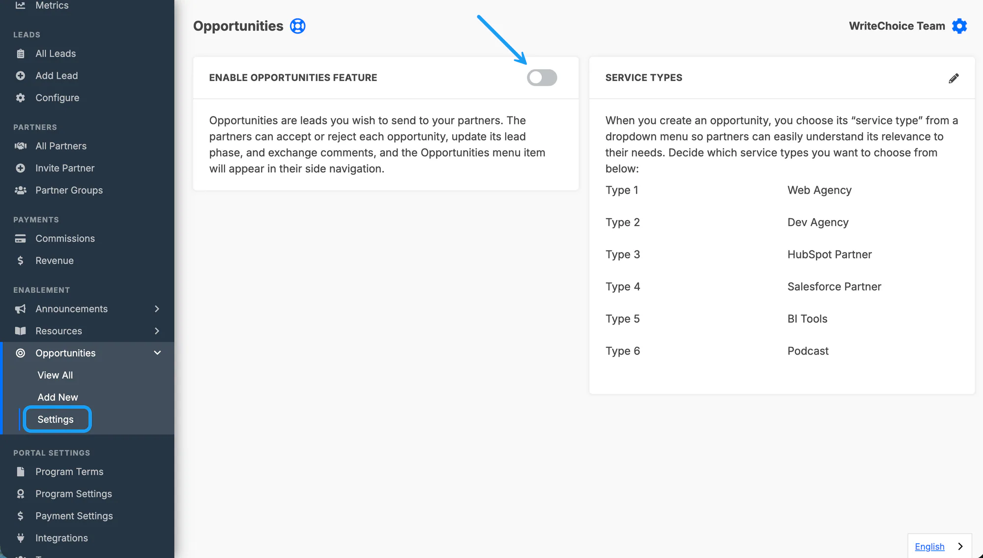 The Opportunities settings screen with the enable toggle and service types