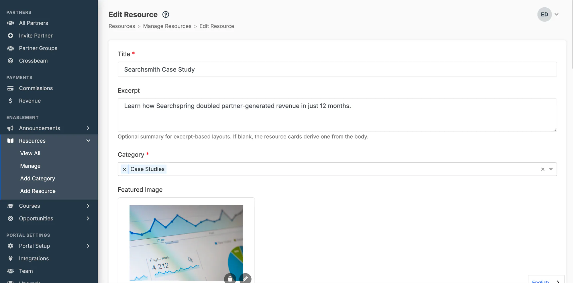 The add/edit resource screen with title, body editor, featured image, and attachments
