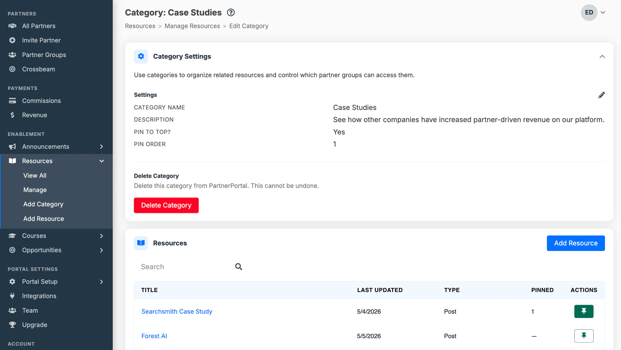 The category edit screen with name, resources, and partner groups