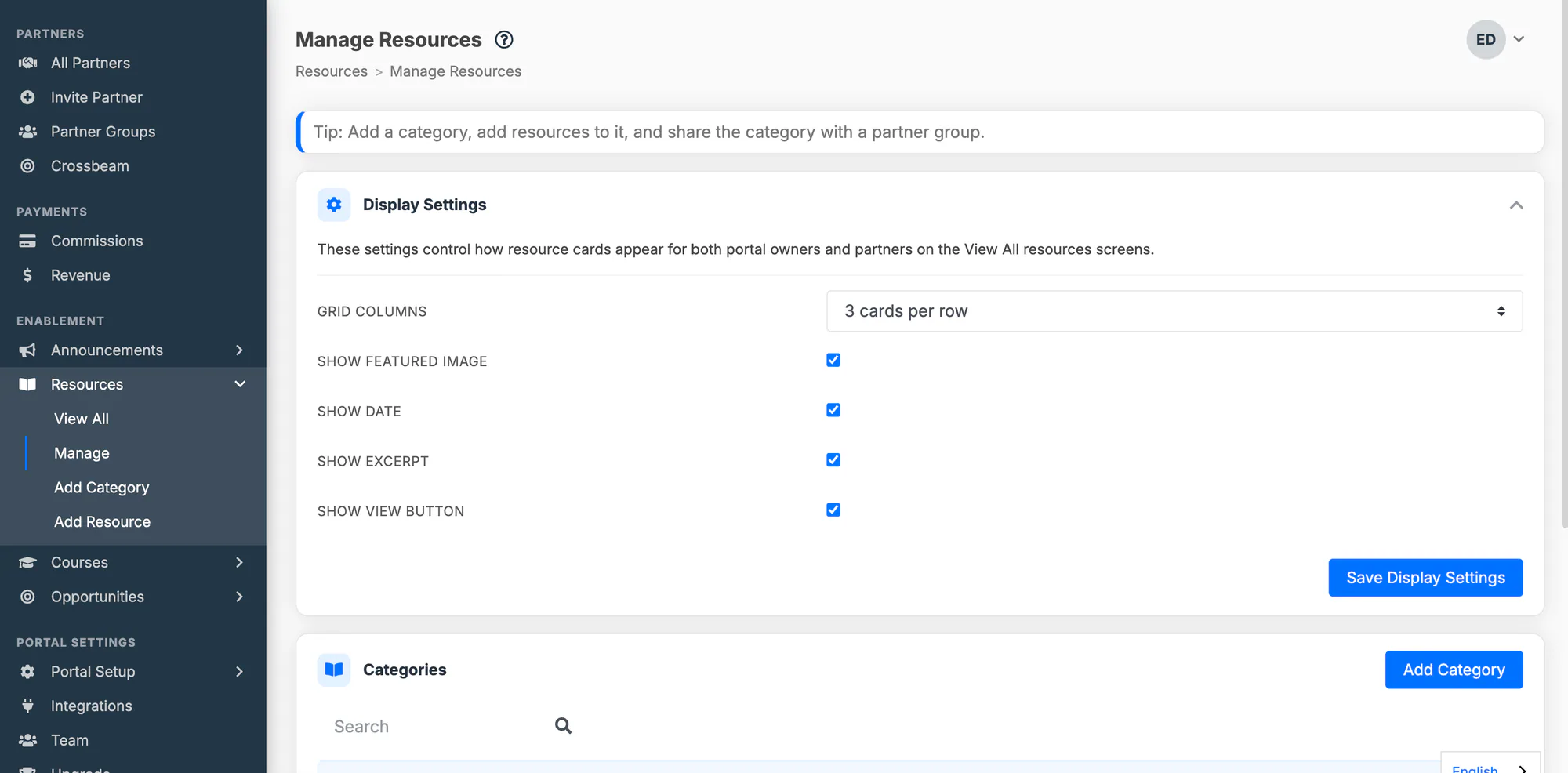 Resource card display settings on the Manage screen