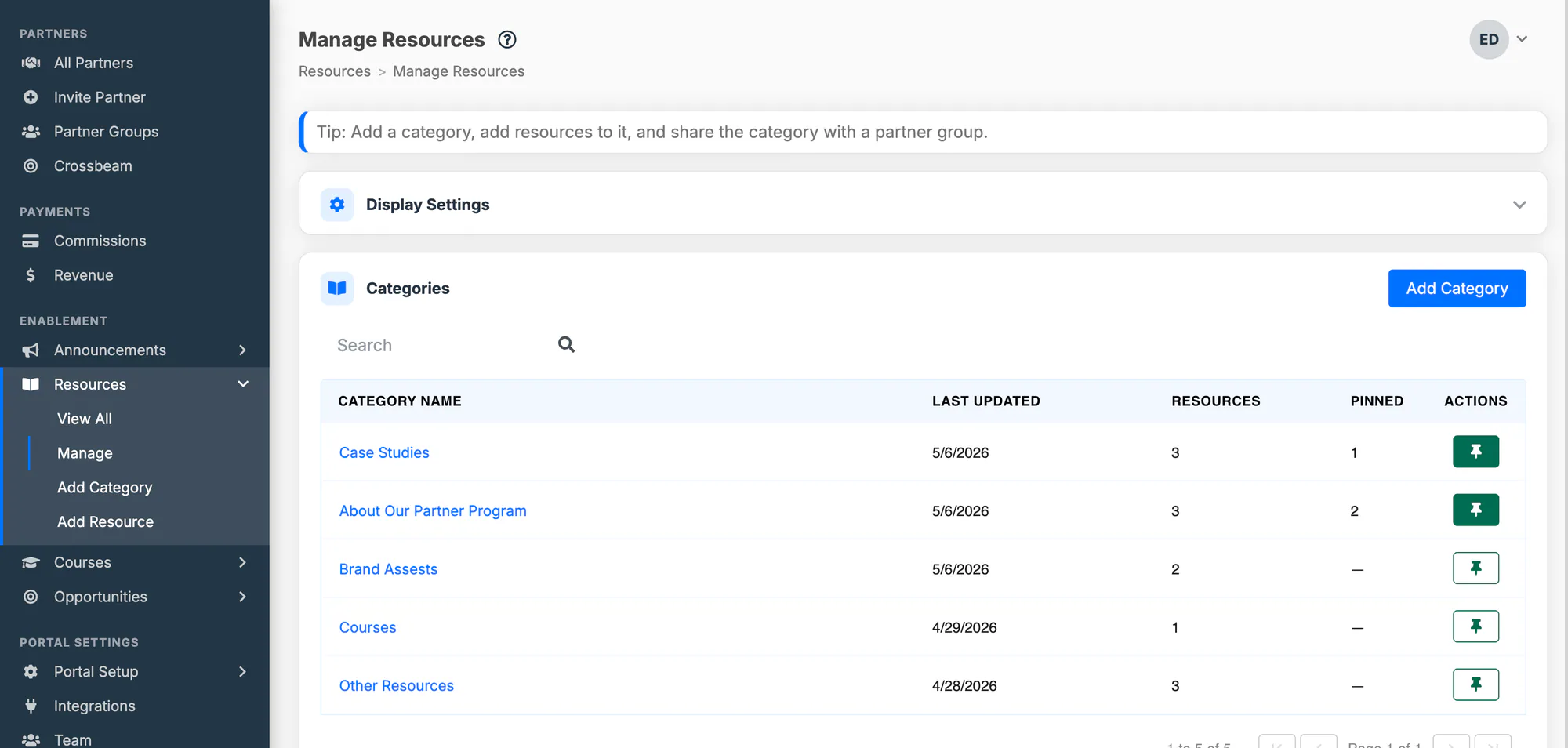 The Manage Resources screen listing categories