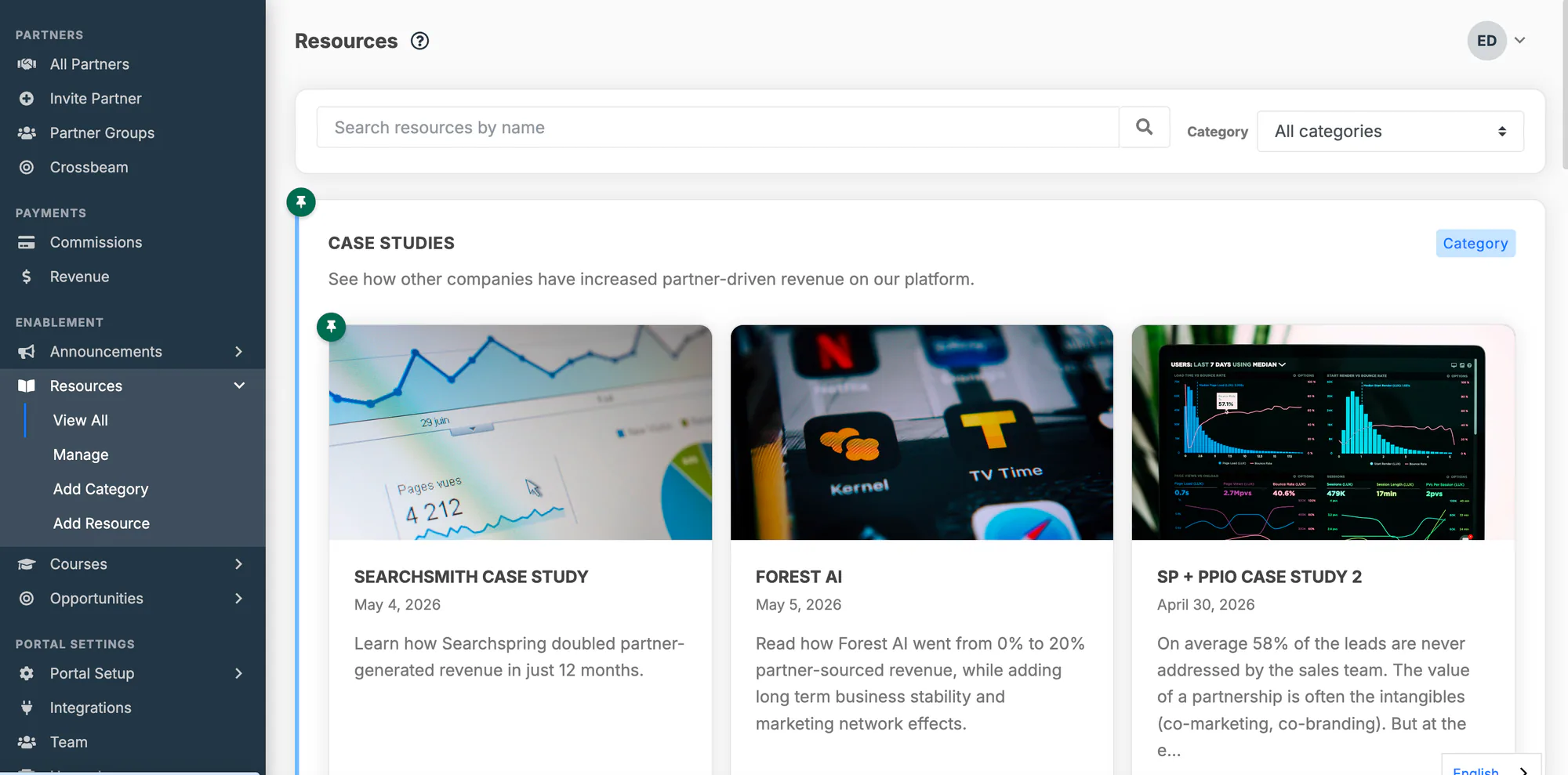 The partner-facing Resource Center showing category and resource cards