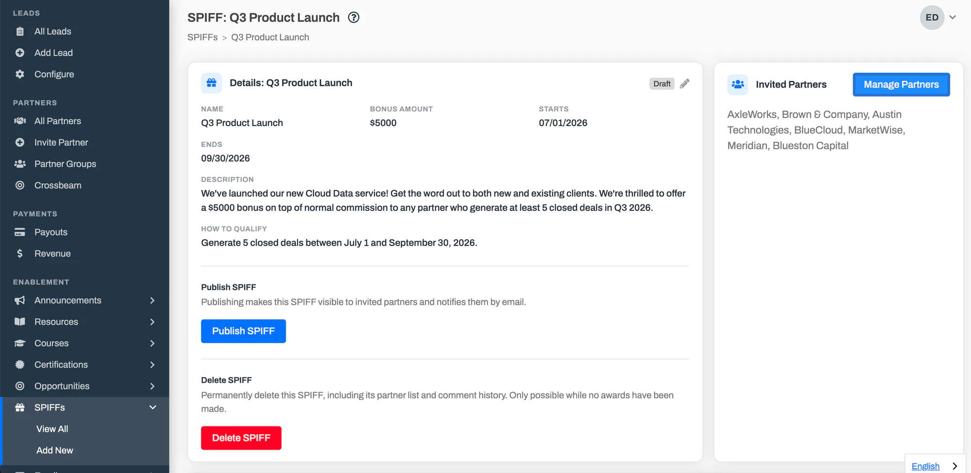A newly created SPIFF in draft, showing its name, bonus amount, dates, description and How to Qualify criteria, the Publish and Delete actions, and the invited-partners card