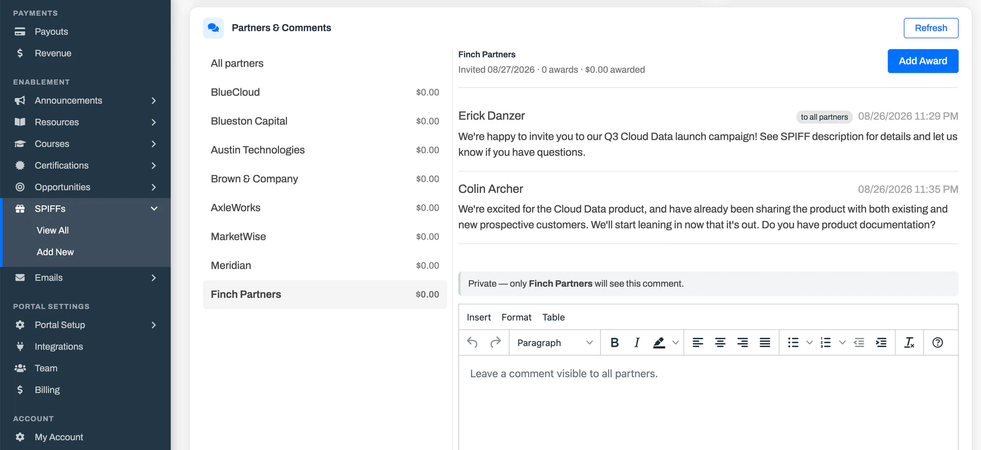 A SPIFF's Partners & Comments section: the invited-partner list with award totals on the left, and the selected partner's conversation and Add Award button on the right