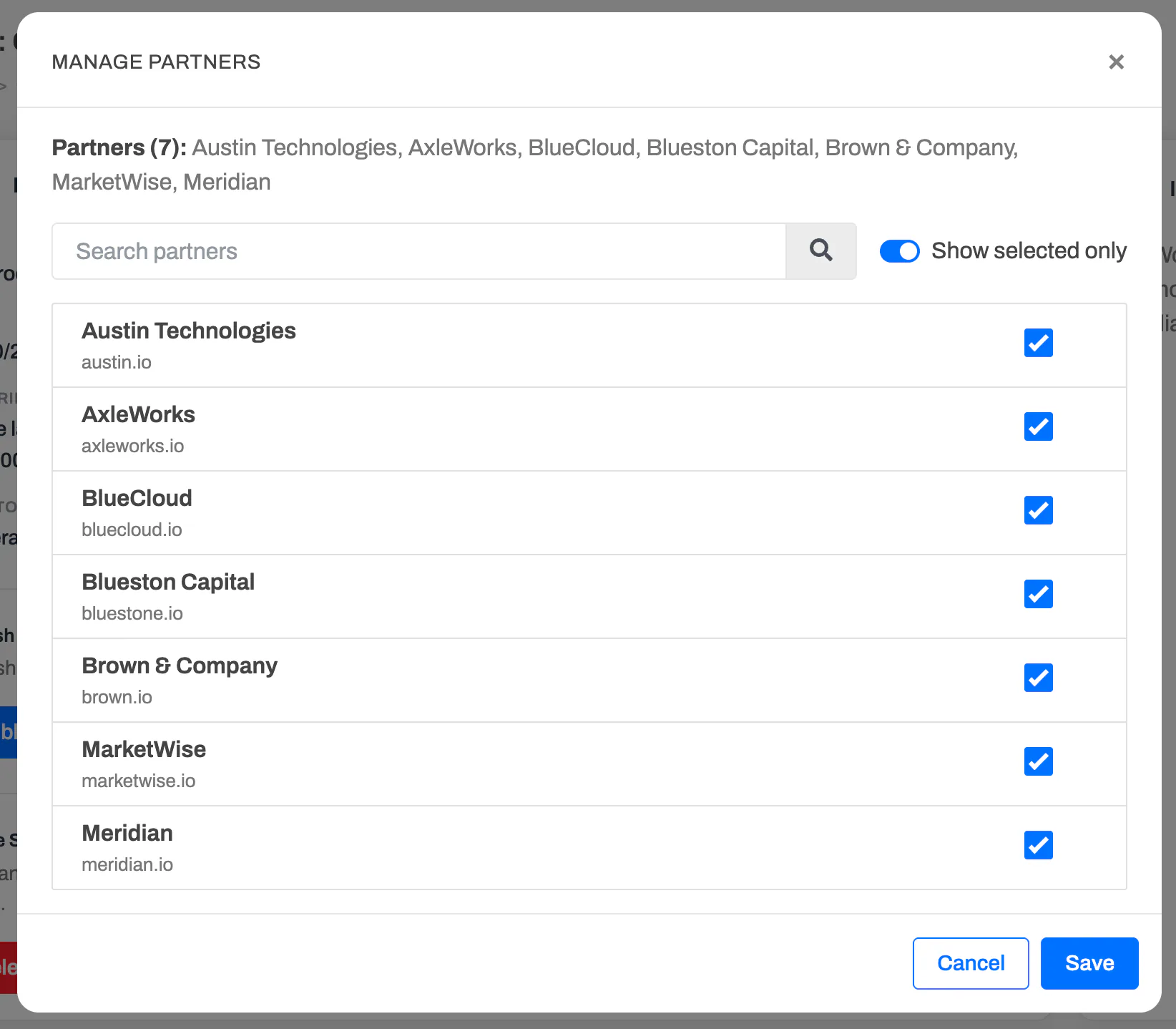 The Manage Partners window for choosing which partners are invited to a SPIFF
