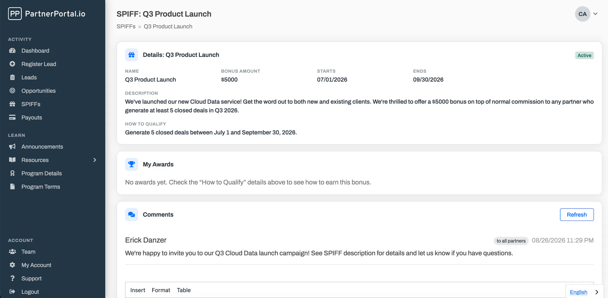 A partner's view of a SPIFF showing the campaign details, the How to Qualify criteria, their own awards, and their comment thread