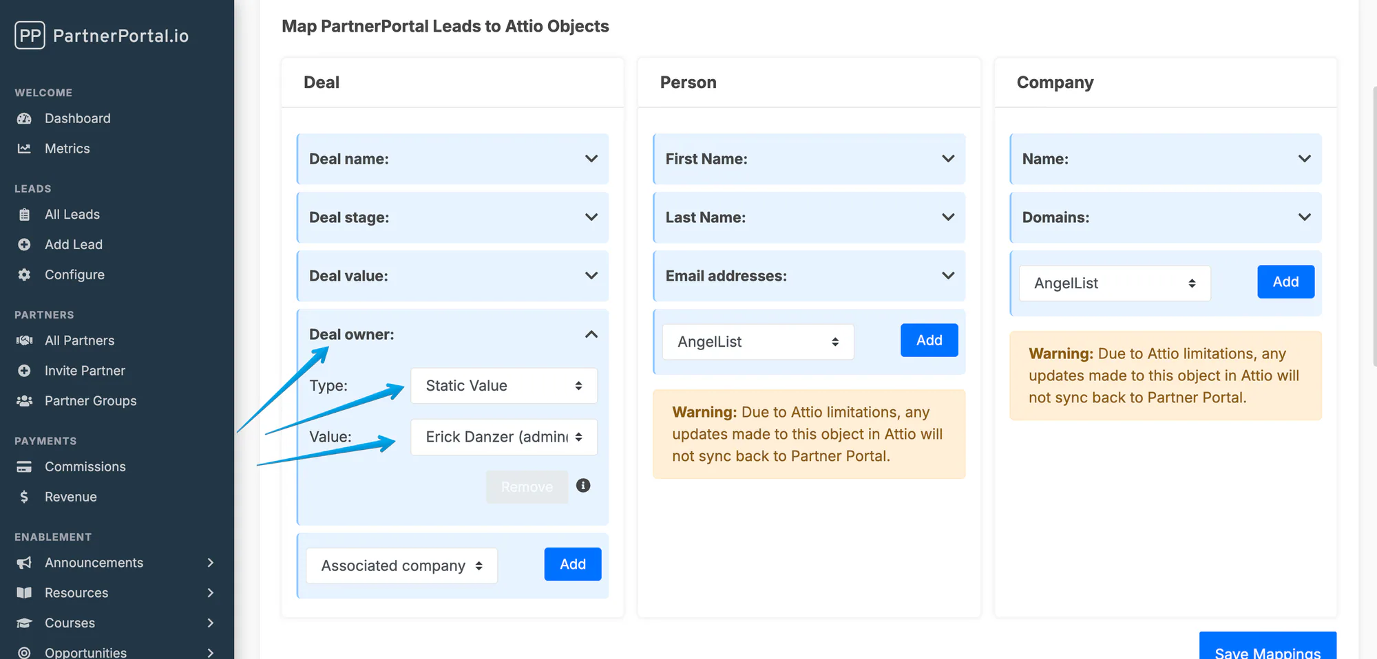 The Attio Deal owner field set to a Static Value with a workspace member selected.