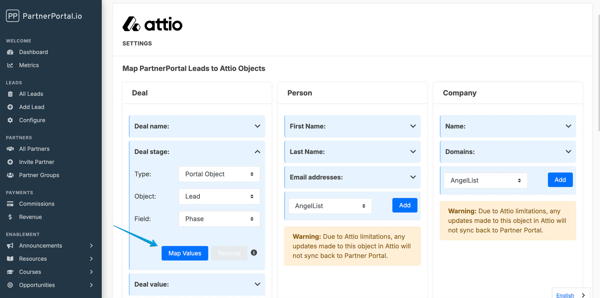 The Attio Deal stage card expanded with the Map Values button.