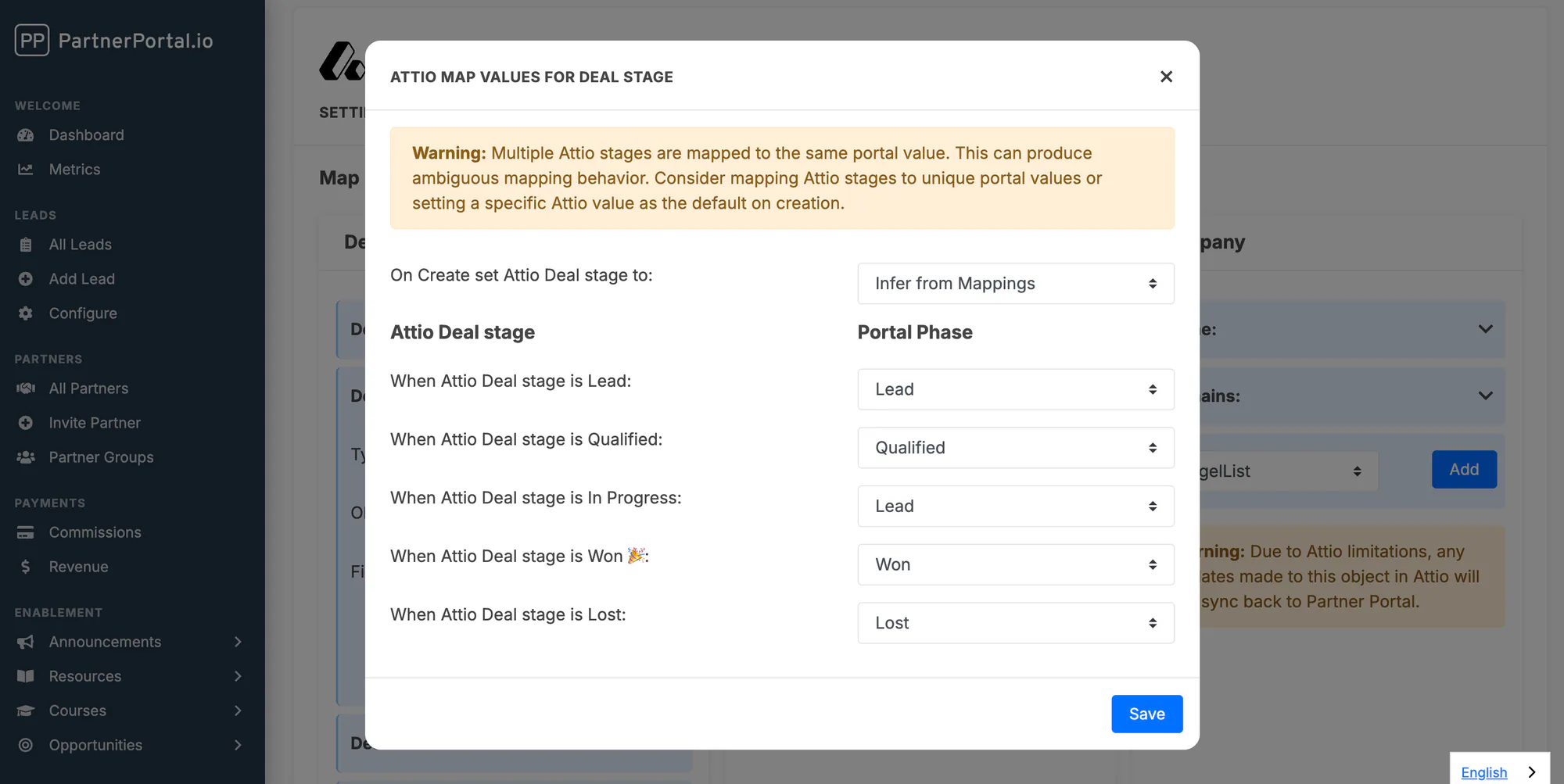 The Attio map-values window showing the On Create setting and each Attio deal stage mapped to a PartnerPortal phase.