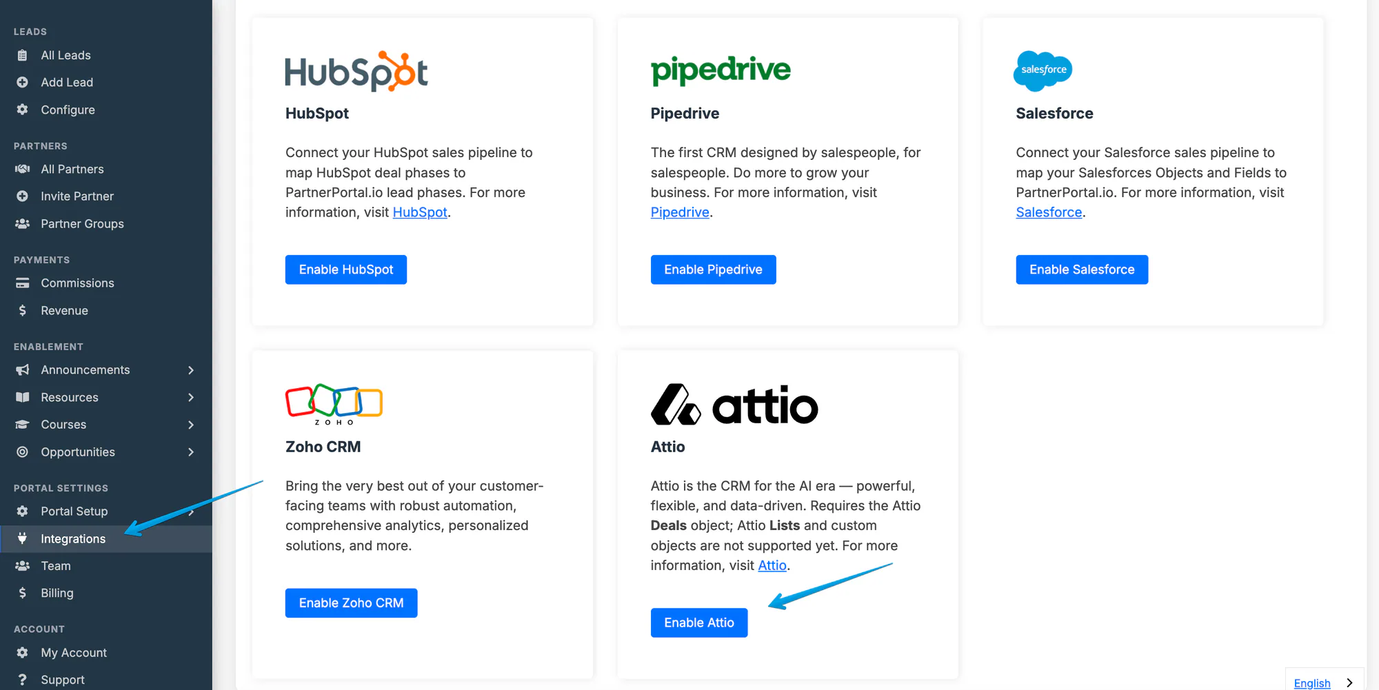 The PartnerPortal Integrations page with the Enable Attio button.
