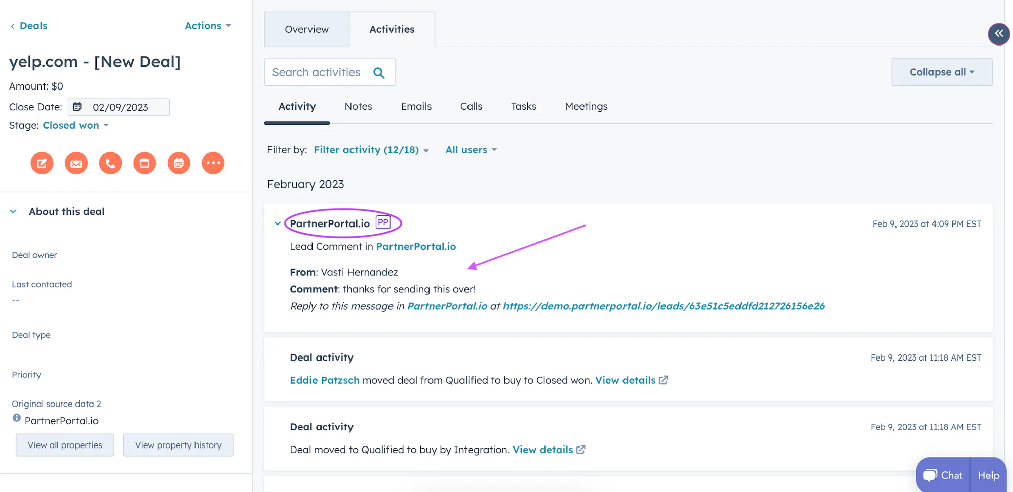 A PartnerPortal lead comment shown as HubSpot deal activity.