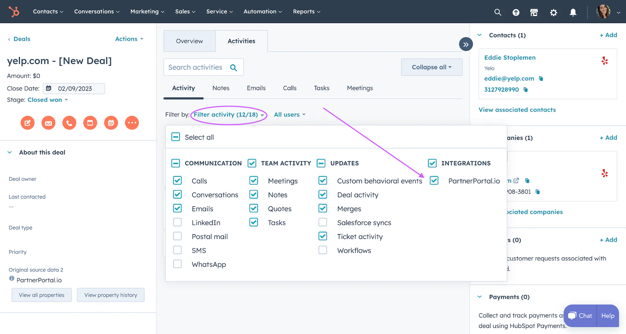 The HubSpot Filter Activity panel with the PartnerPortal integration selected.