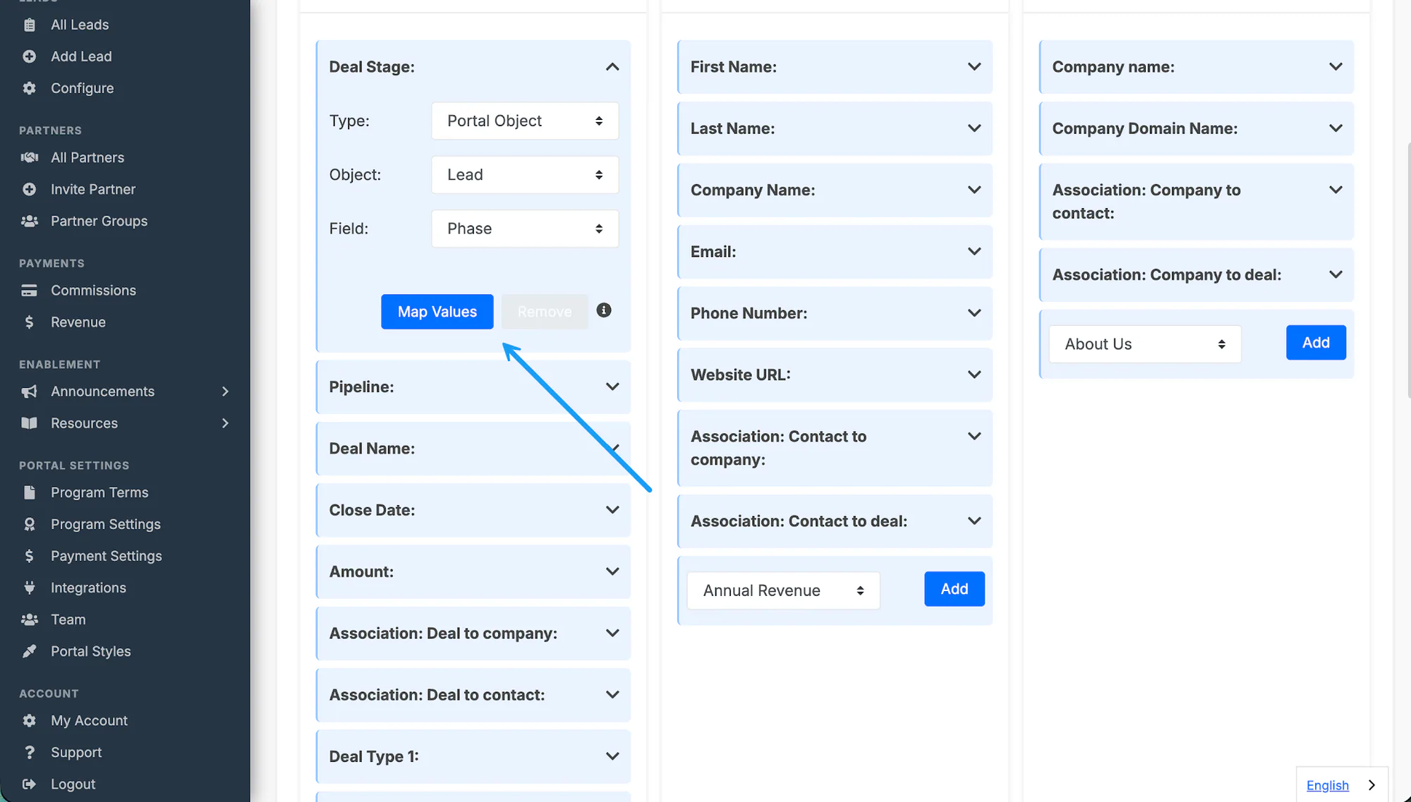 The HubSpot Deal Stage object with Map Values highlighted.