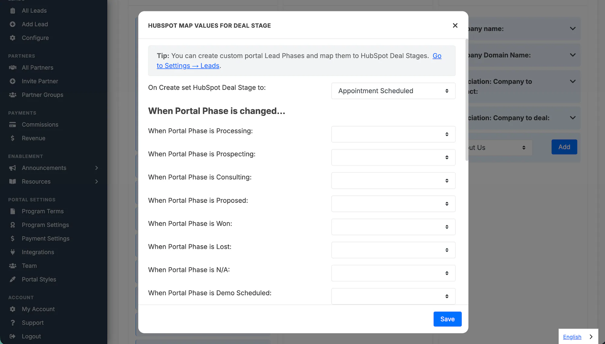 The HubSpot stage-mapping window with deal stages mapped to portal phases.
