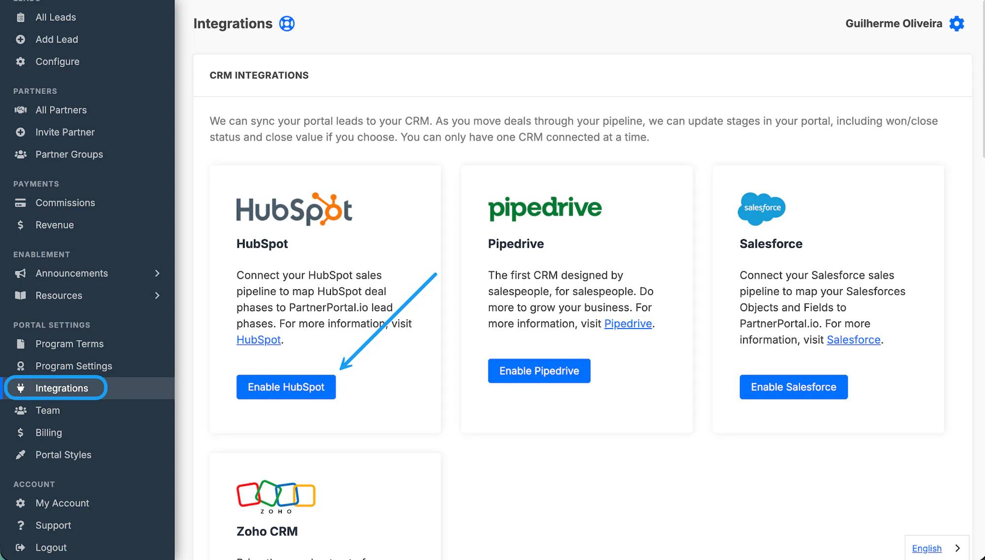 The PartnerPortal Integrations screen with Enable HubSpot selected.