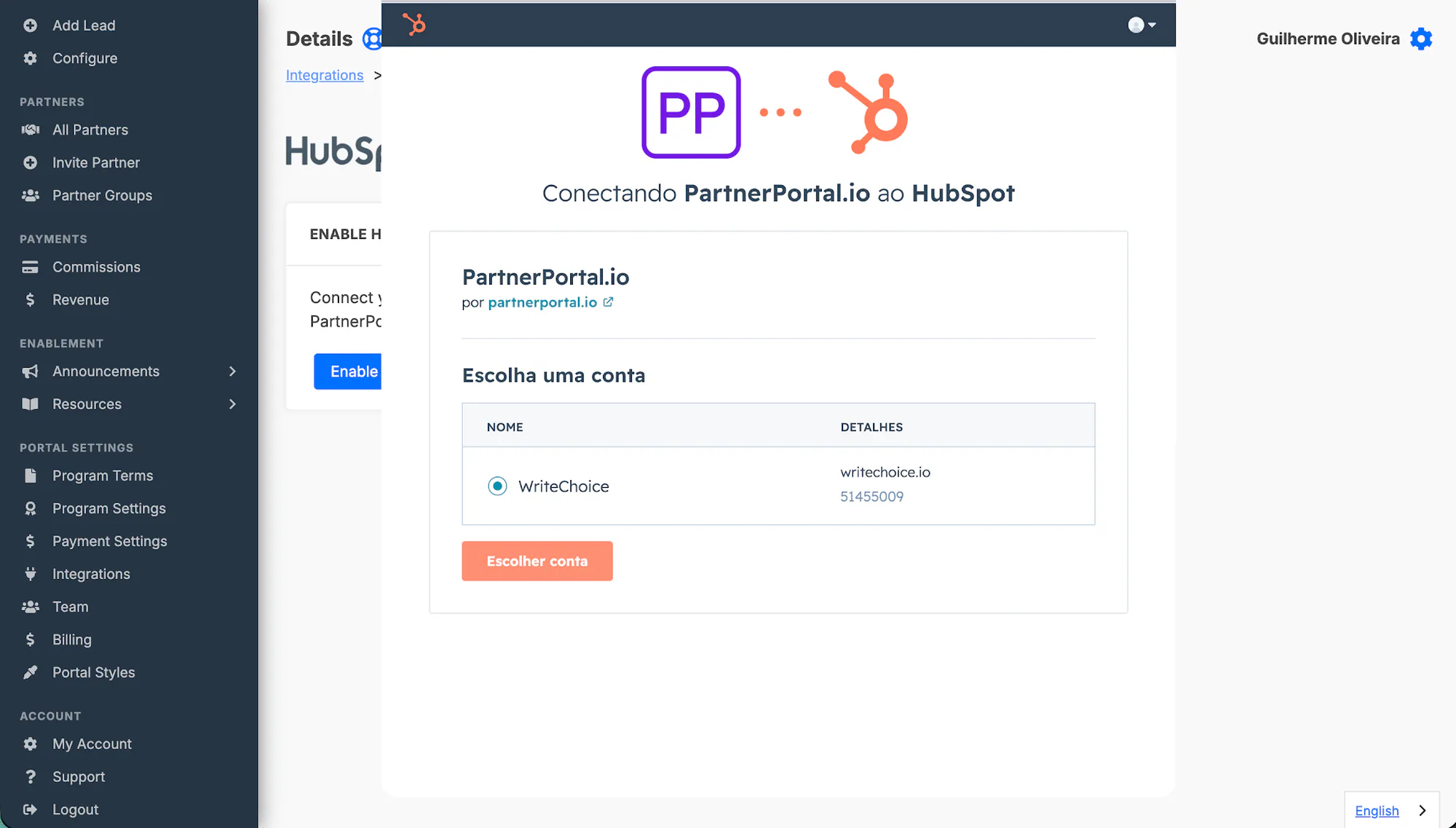 The HubSpot account selector used during authorization.
