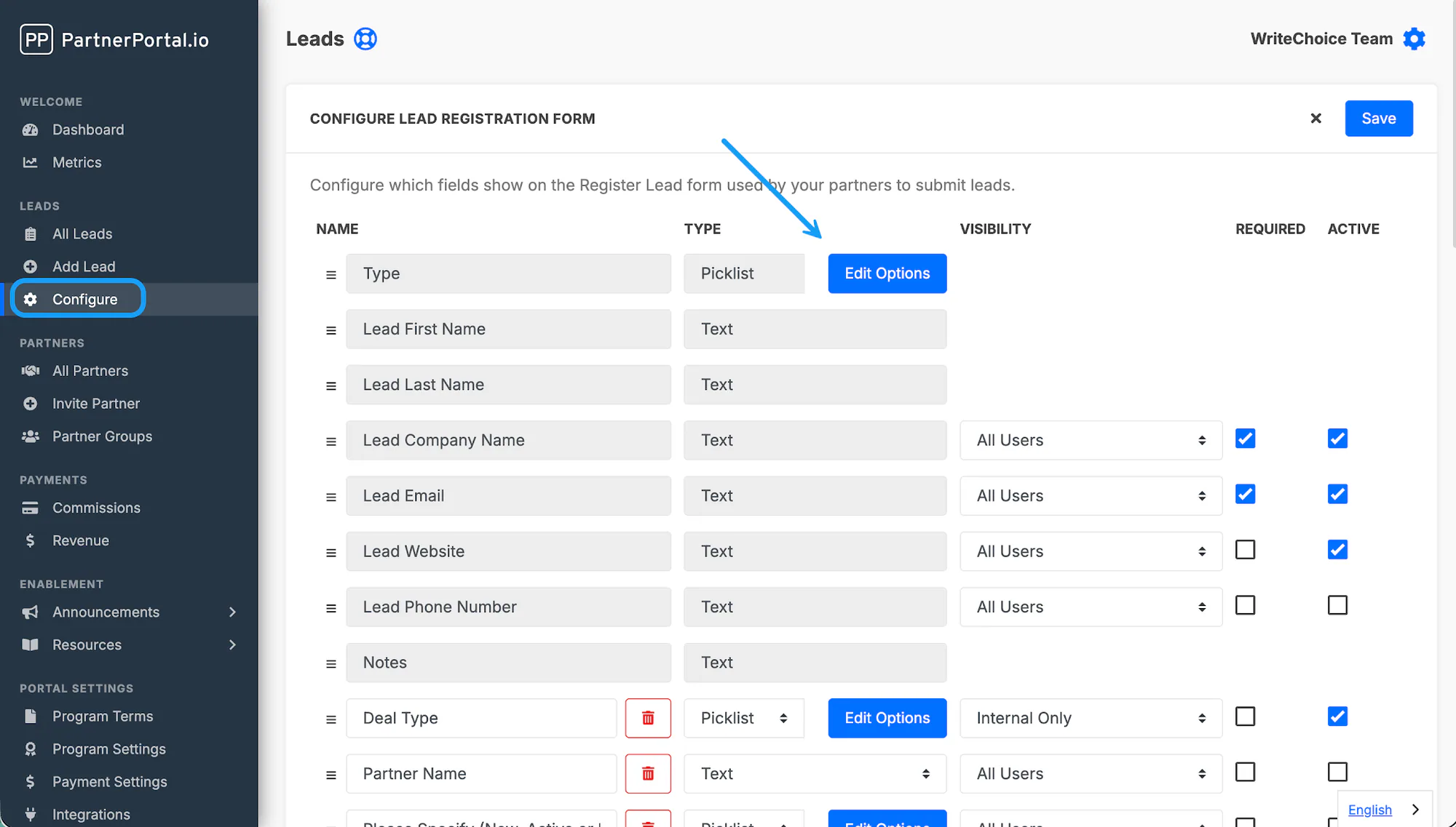 The lead-form settings screen with Edit Options next to the Type field.
