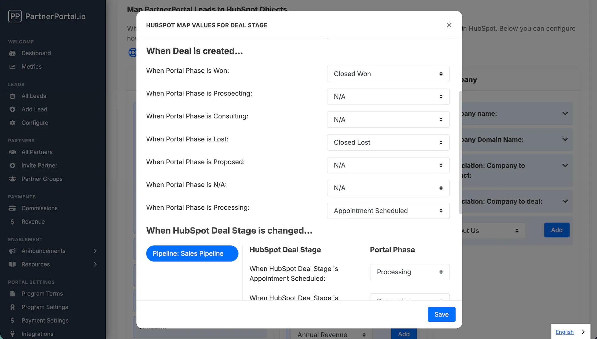 The On Create configuration using manual HubSpot stage selection.