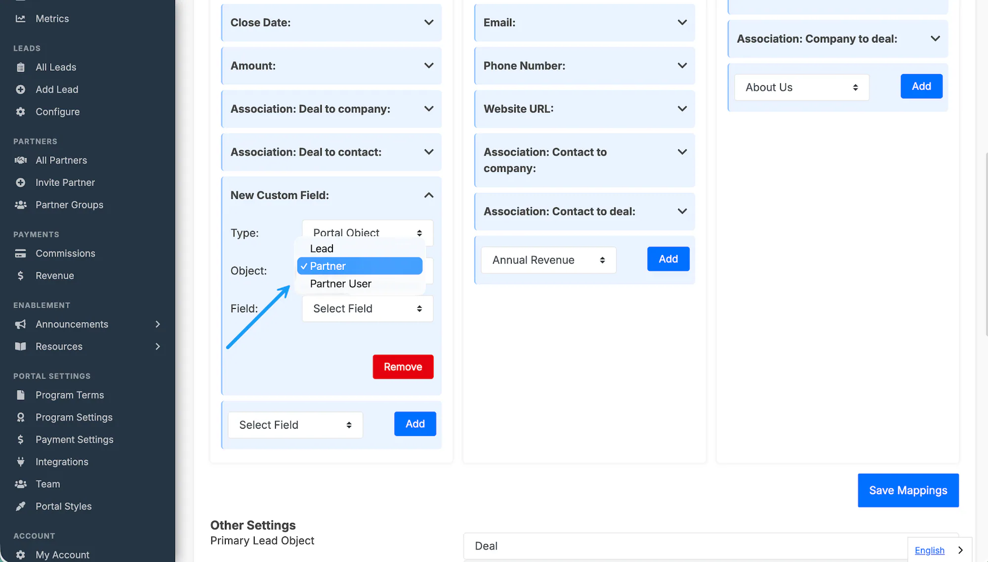 The HubSpot custom-field dropdown used to add a partner-data mapping.