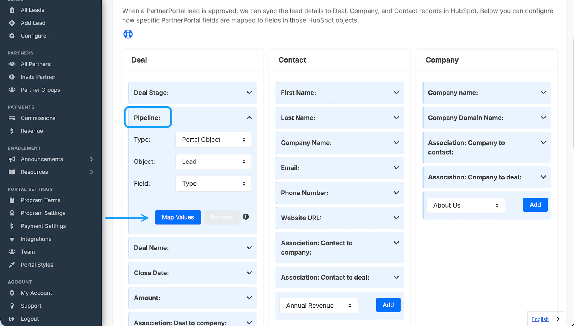 The Pipeline object configured to use the portal lead Type field.