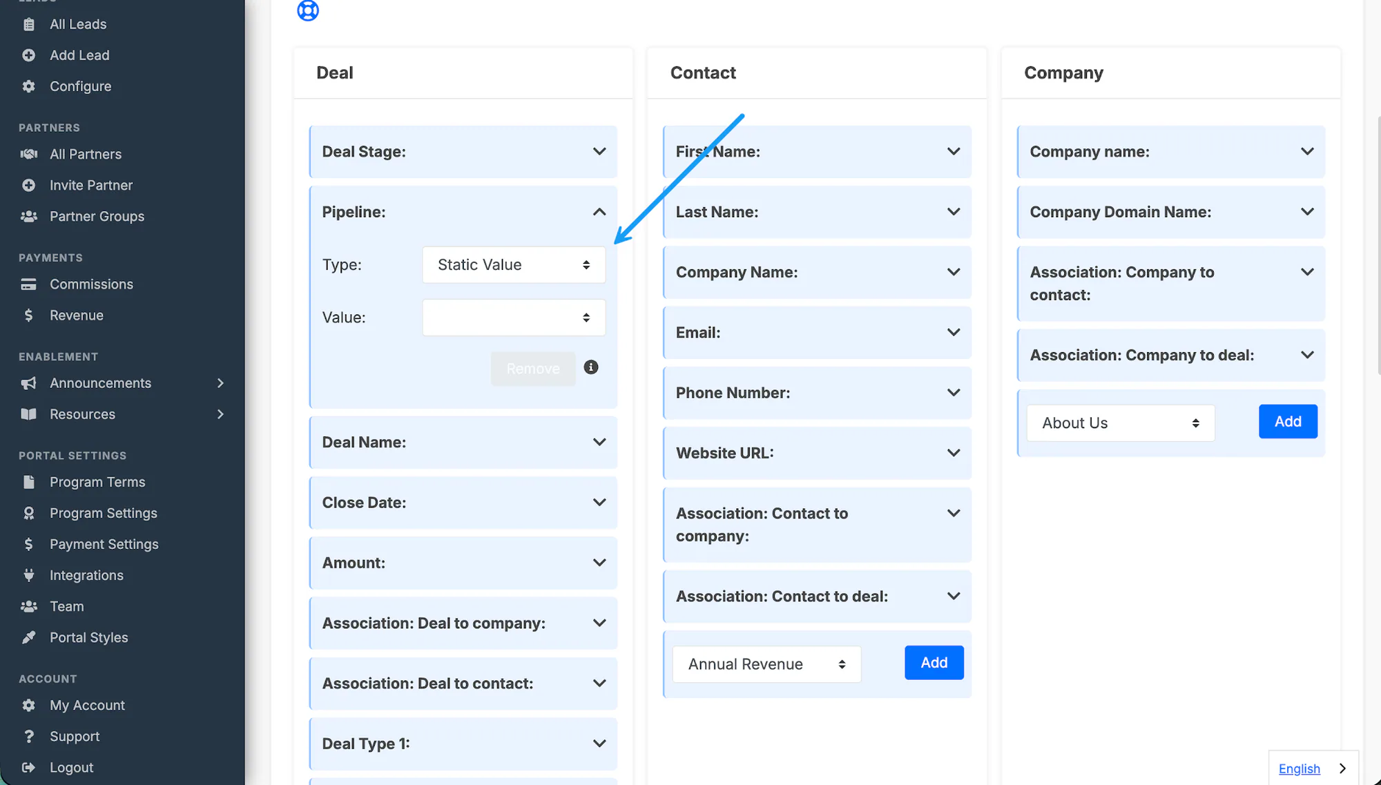 The HubSpot Pipeline object set to Static Value.