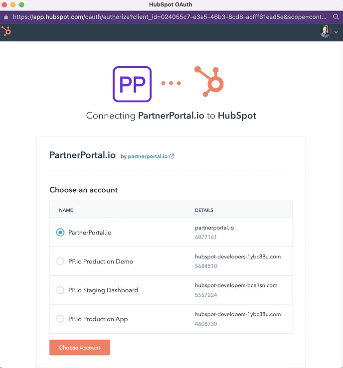 The HubSpot account-selection screen shown during reauthorization.