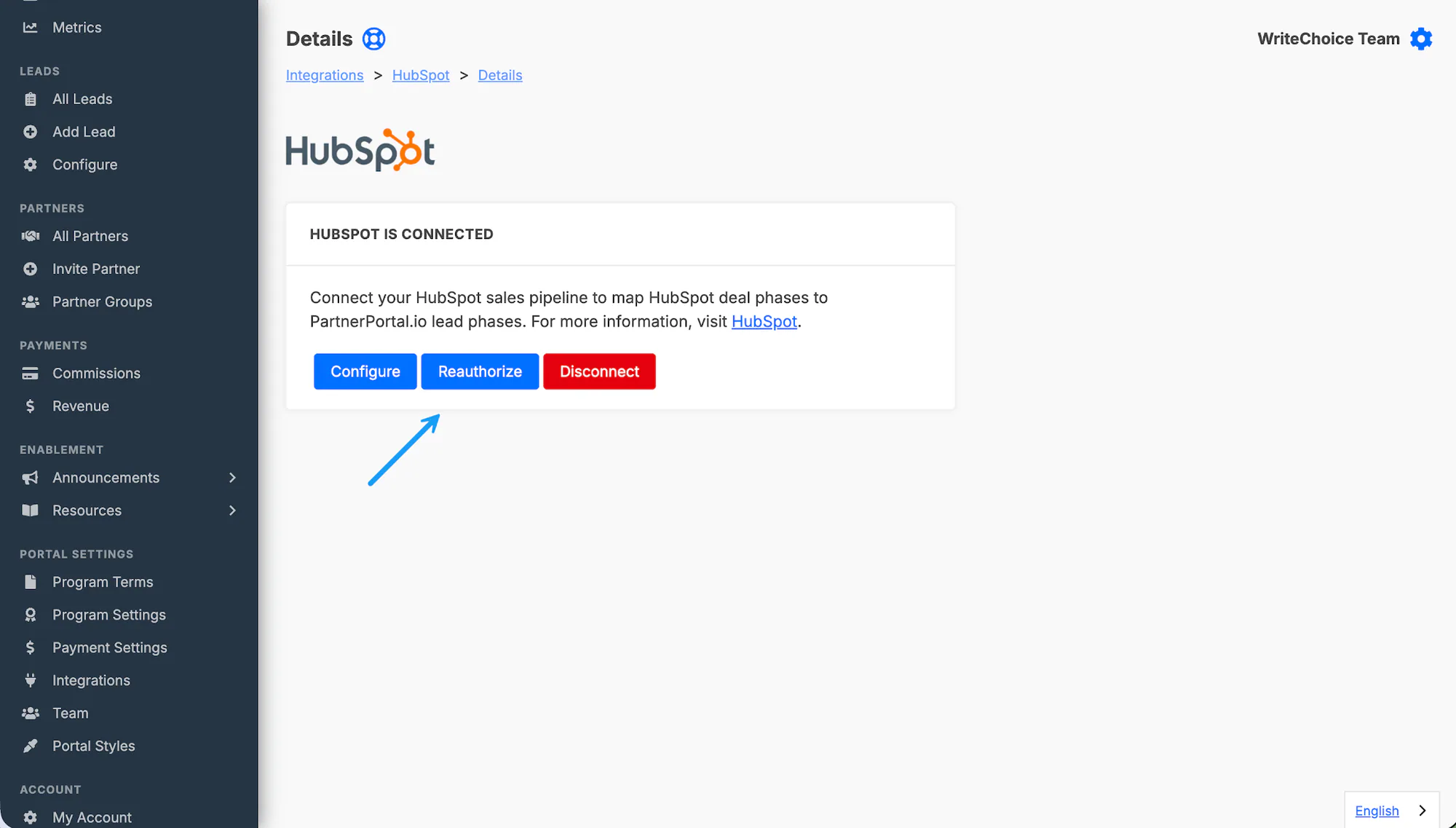 The HubSpot Settings view with the Reauthorize button.
