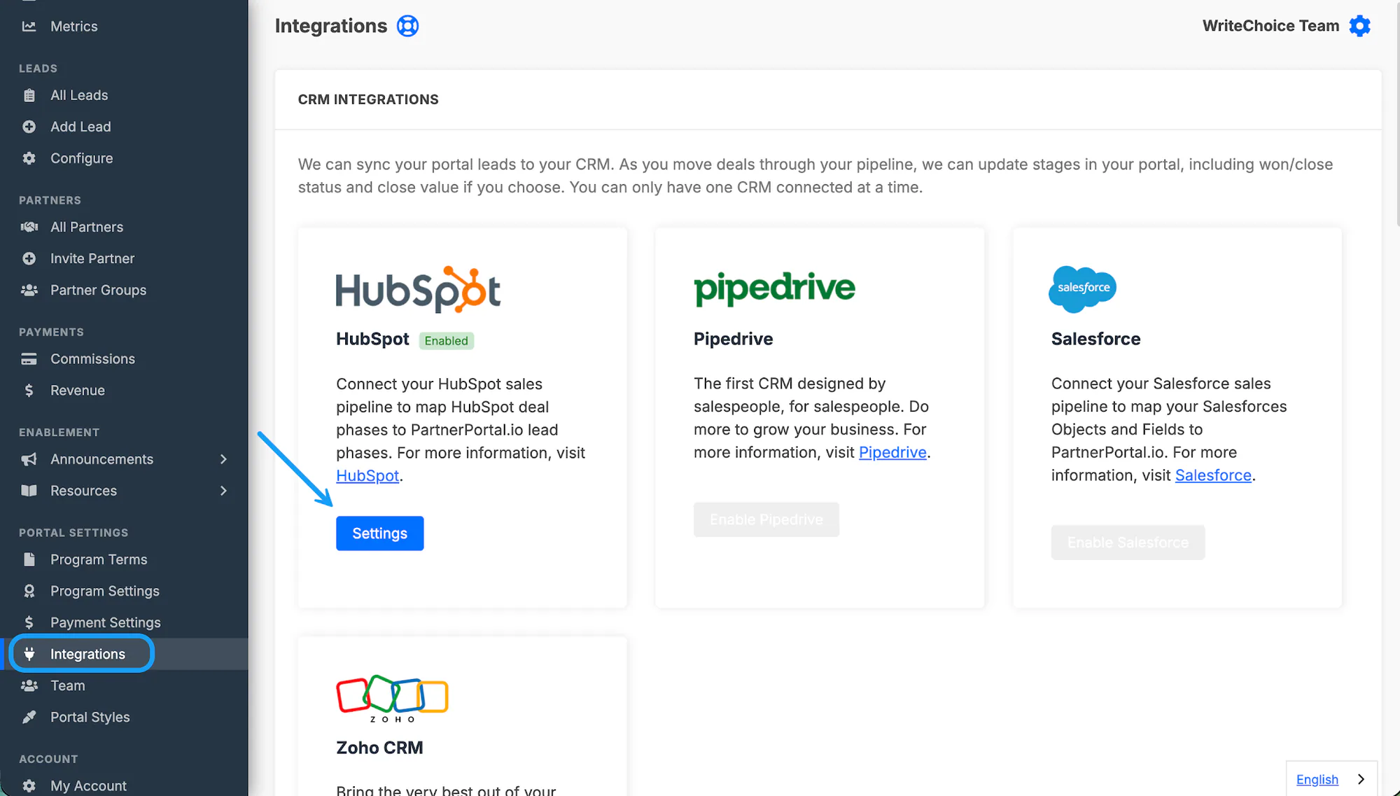 The HubSpot card in PartnerPortal with Settings selected.