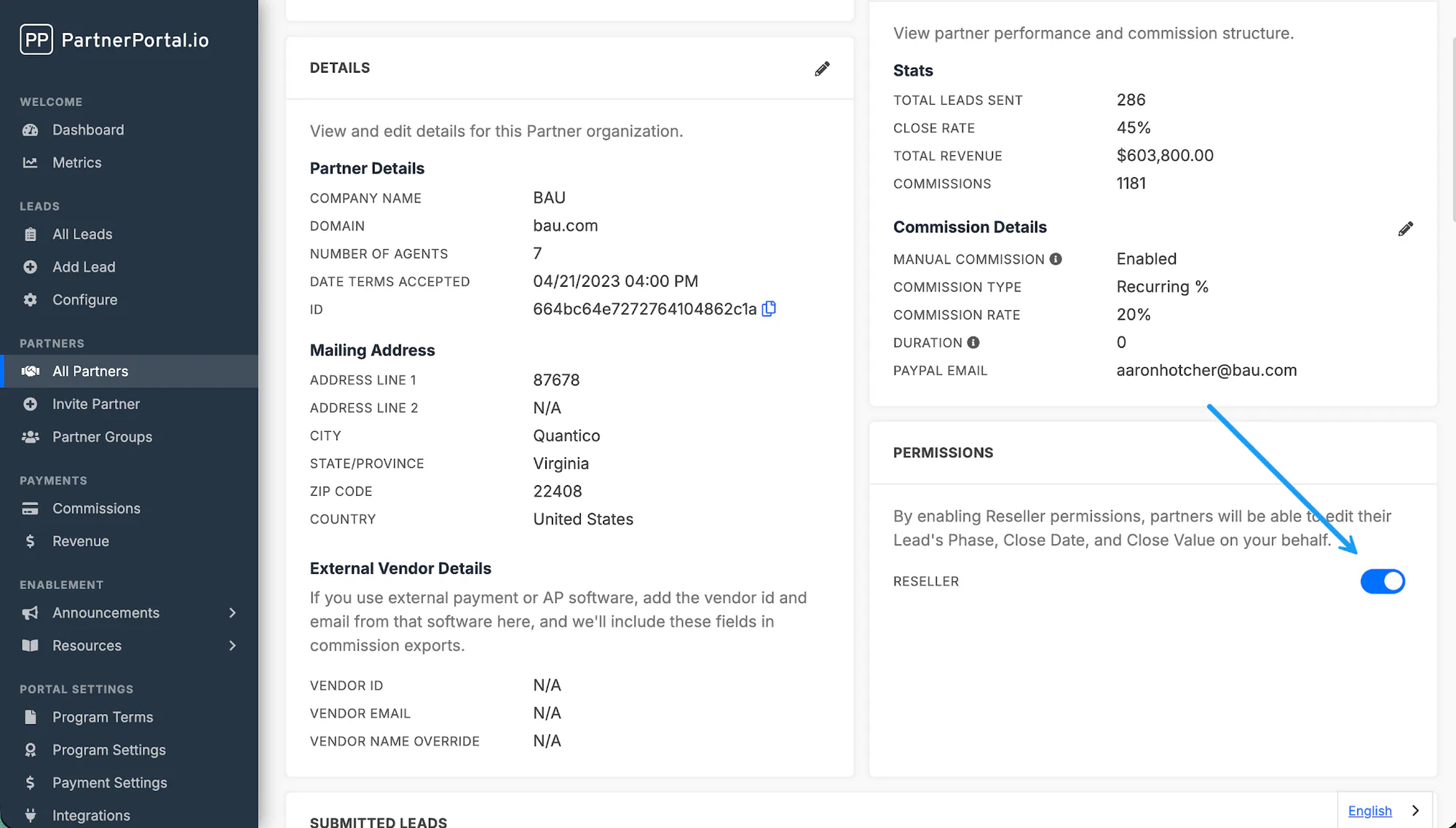 A partner settings screen with the Reseller Permissions toggle enabled.