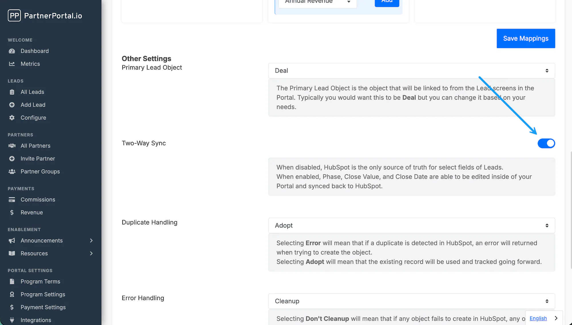 The HubSpot Other Settings section with Two-Way Sync enabled.