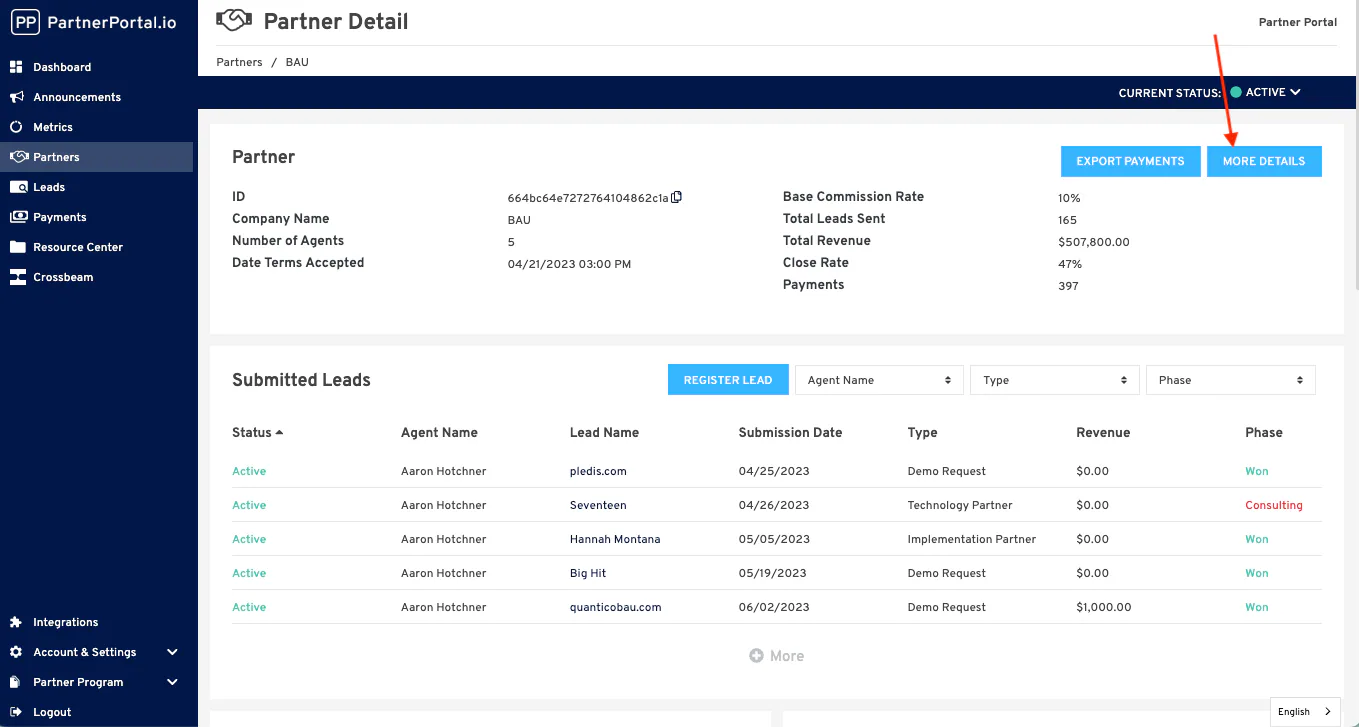 A partner details screen with the payment-information section visible.